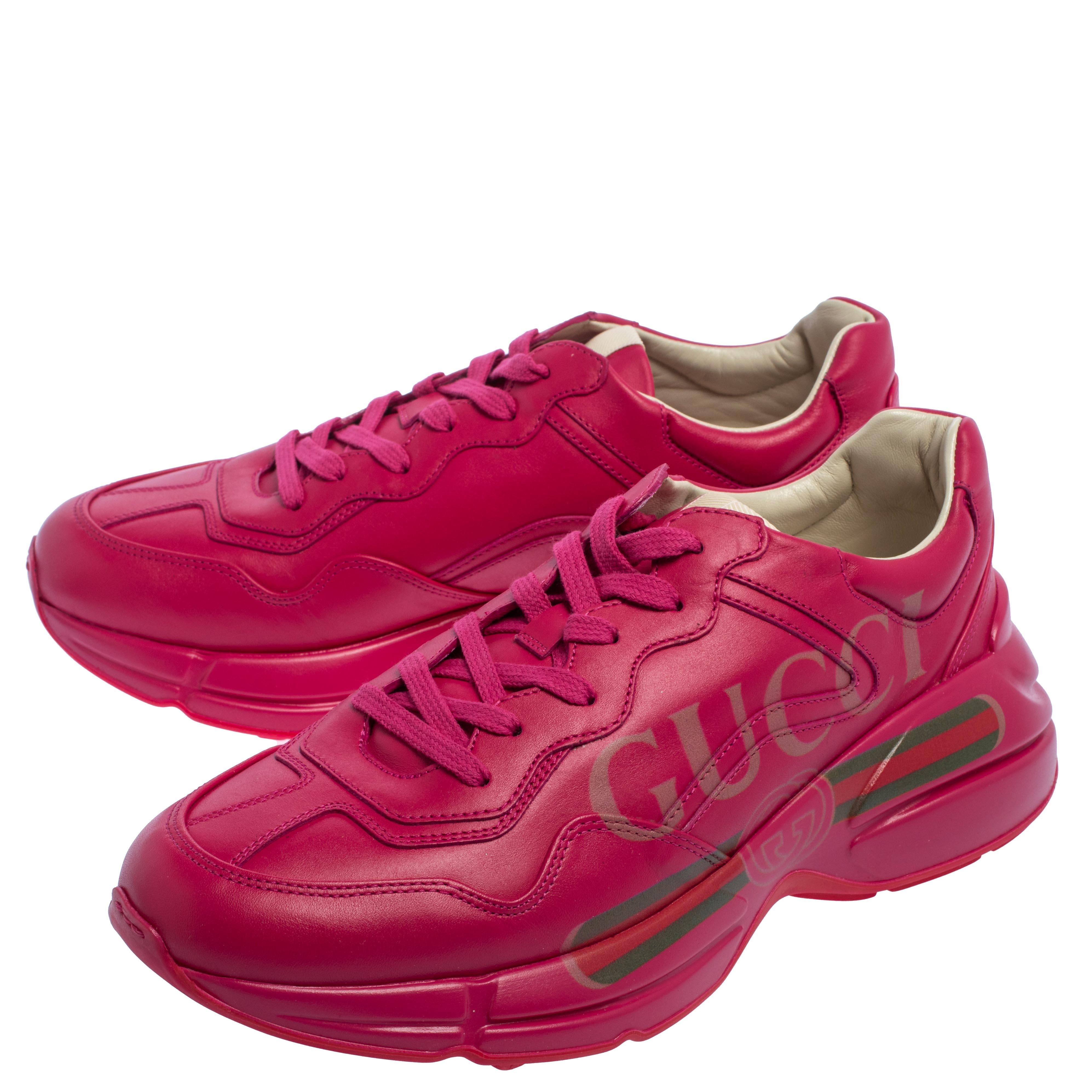 Women's Gucci Pink Leather Rhyton Logo Print Low Top Sneakers Size 42