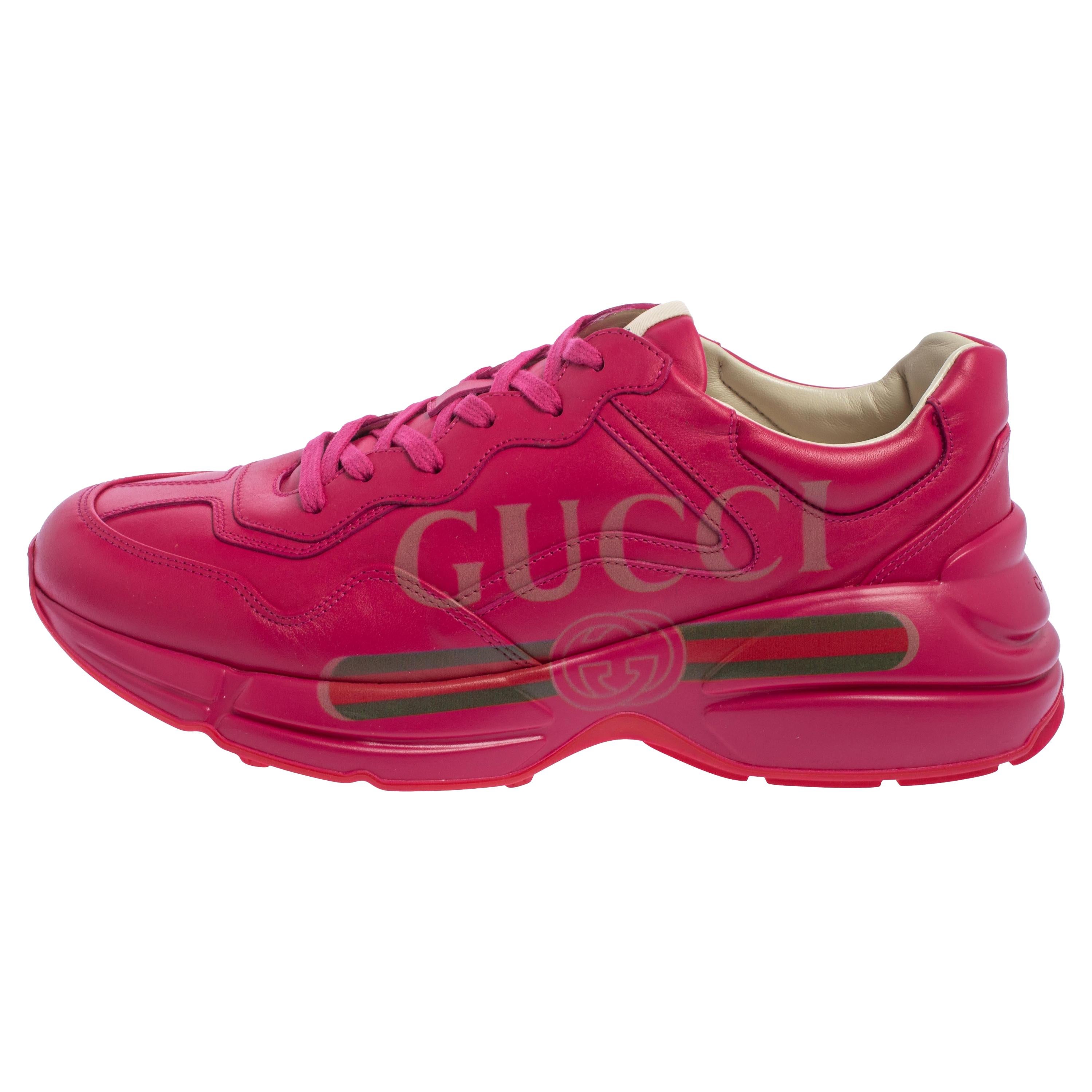 Gucci Pink Leather Rhyton Logo Print Low Top Sneakers Size 42