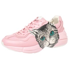 Used Gucci Pink Leather Rhyton Mystic Cat Sneakers Size 37