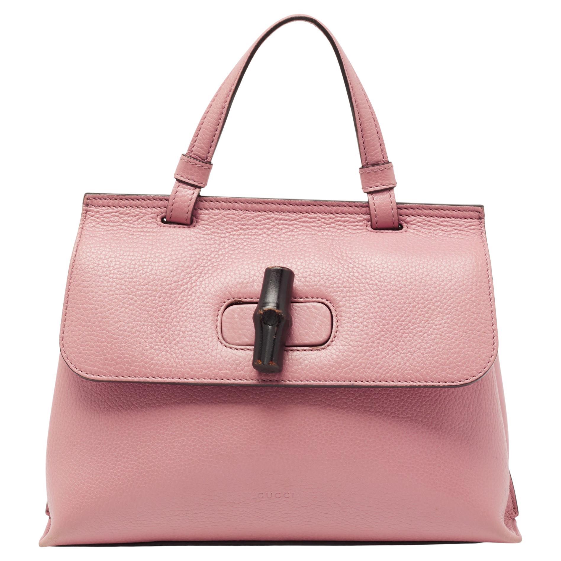 Gucci Pink Leather Small Bamboo Daily Top Handle Bag