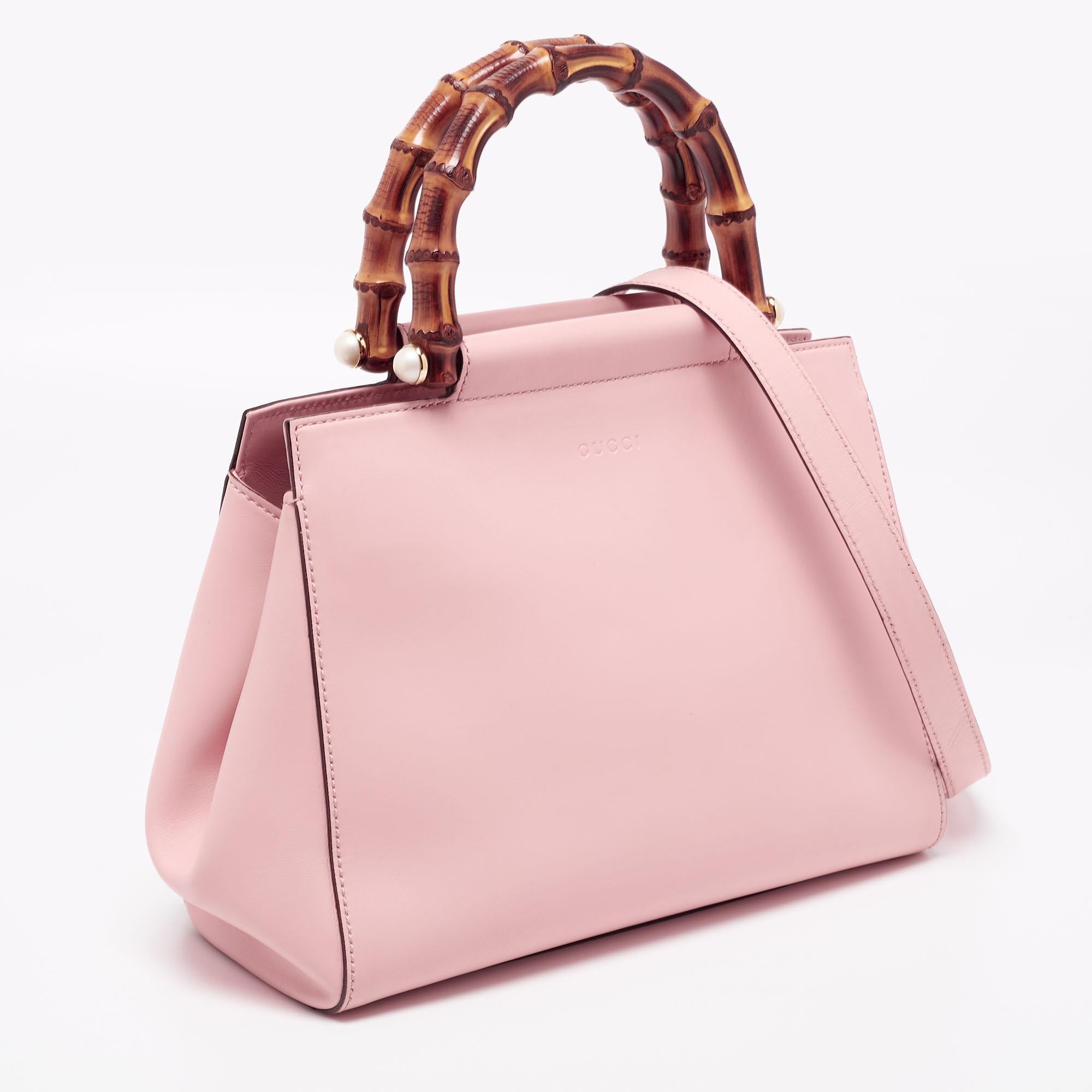 Women's Gucci Pink Leather Small Nymphaea Bamboo Tote