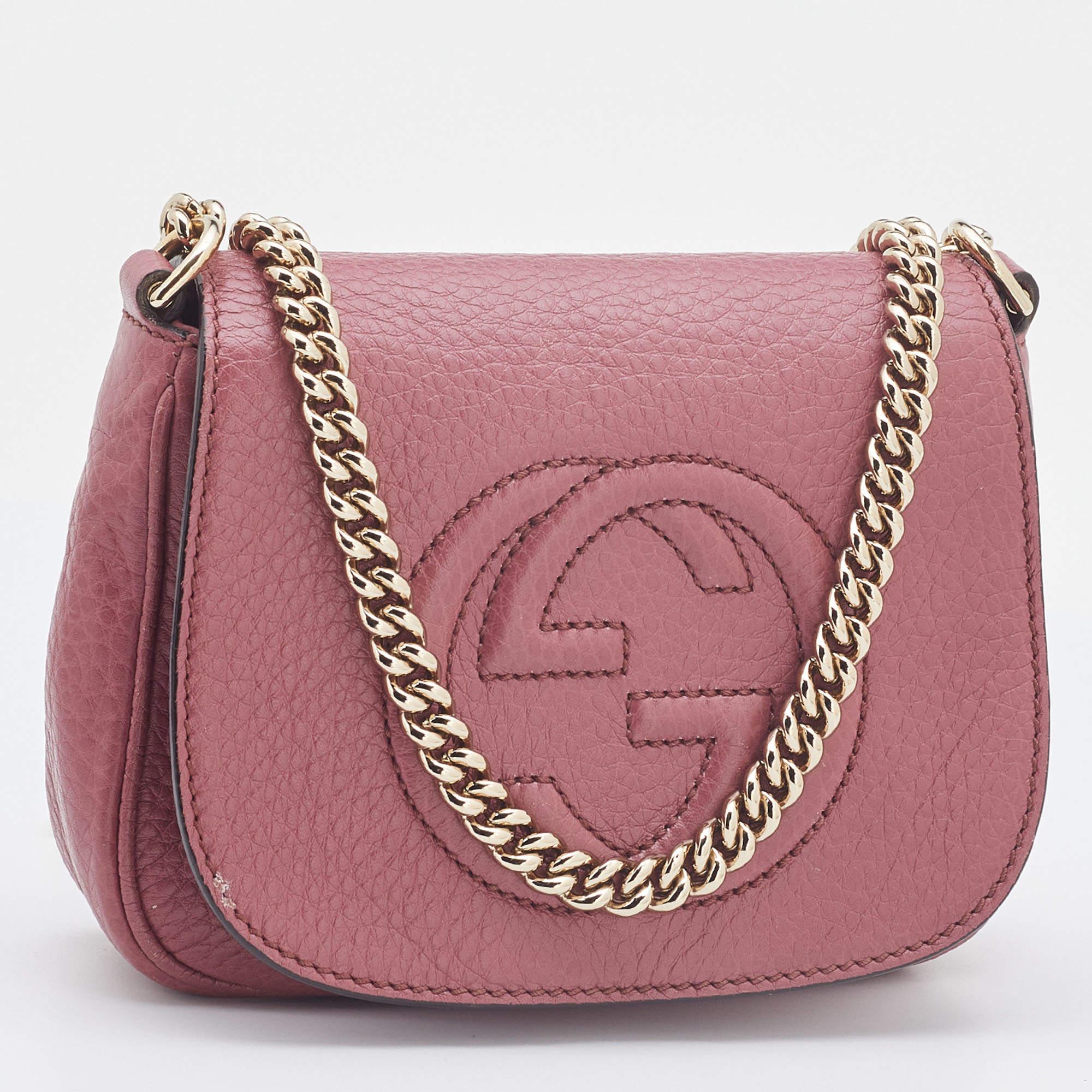 Gucci Pink Leather Soho Flap Chain Crossbody Bag In Good Condition In Dubai, Al Qouz 2