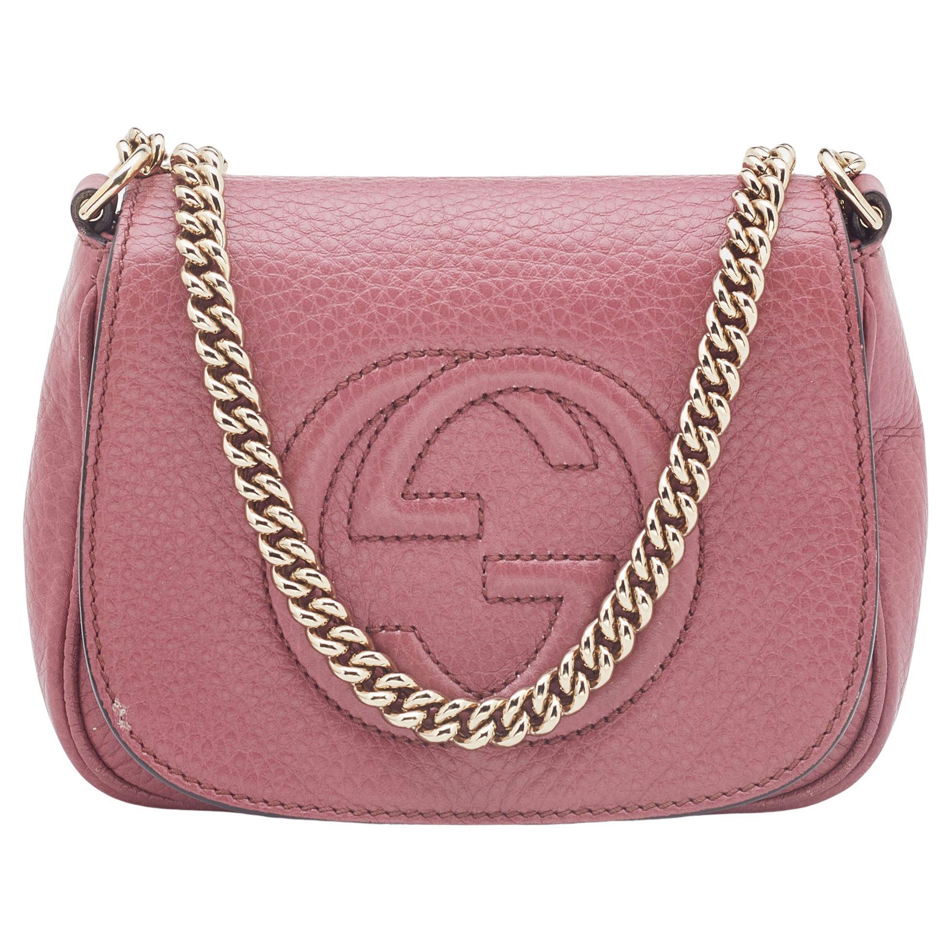 Gucci Pink Leather Soho Flap Chain Crossbody Bag
