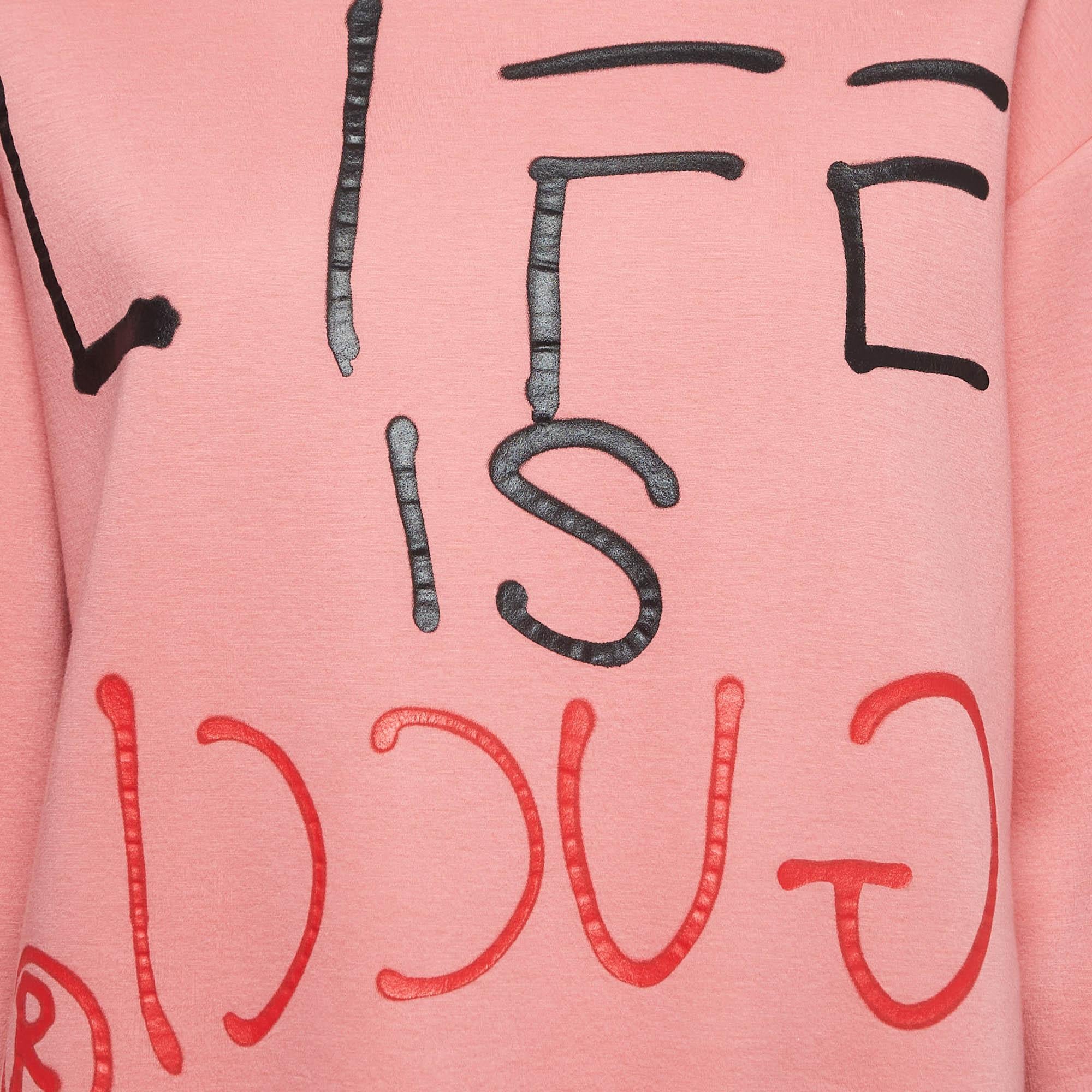 Gucci Pink Life Is Gucci Spray Painted Cotton Sweatshirt M In Good Condition In Dubai, Al Qouz 2