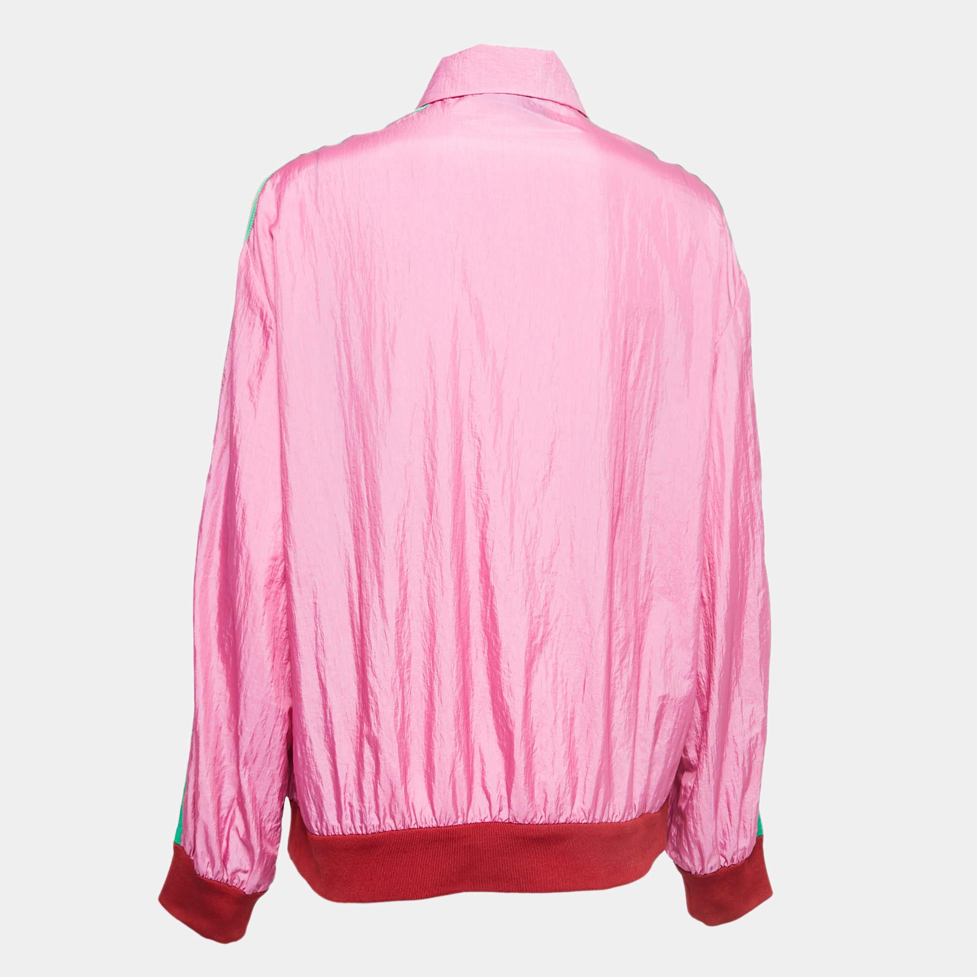 Gucci Pink Logo Colorblock Web Striped Bomber Jacket M In Good Condition In Dubai, Al Qouz 2