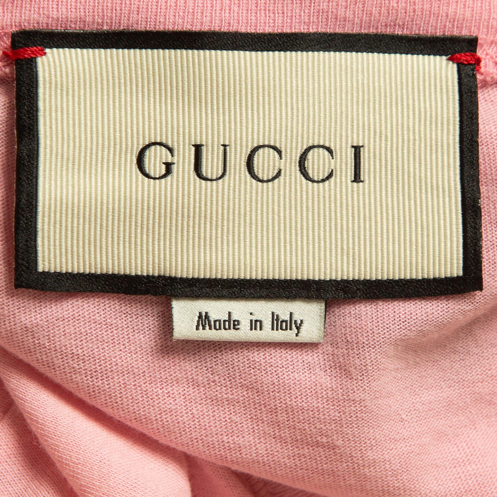 Gucci Pink Logo Deer Print Cotton Half Sleeve T-Shirt S 1