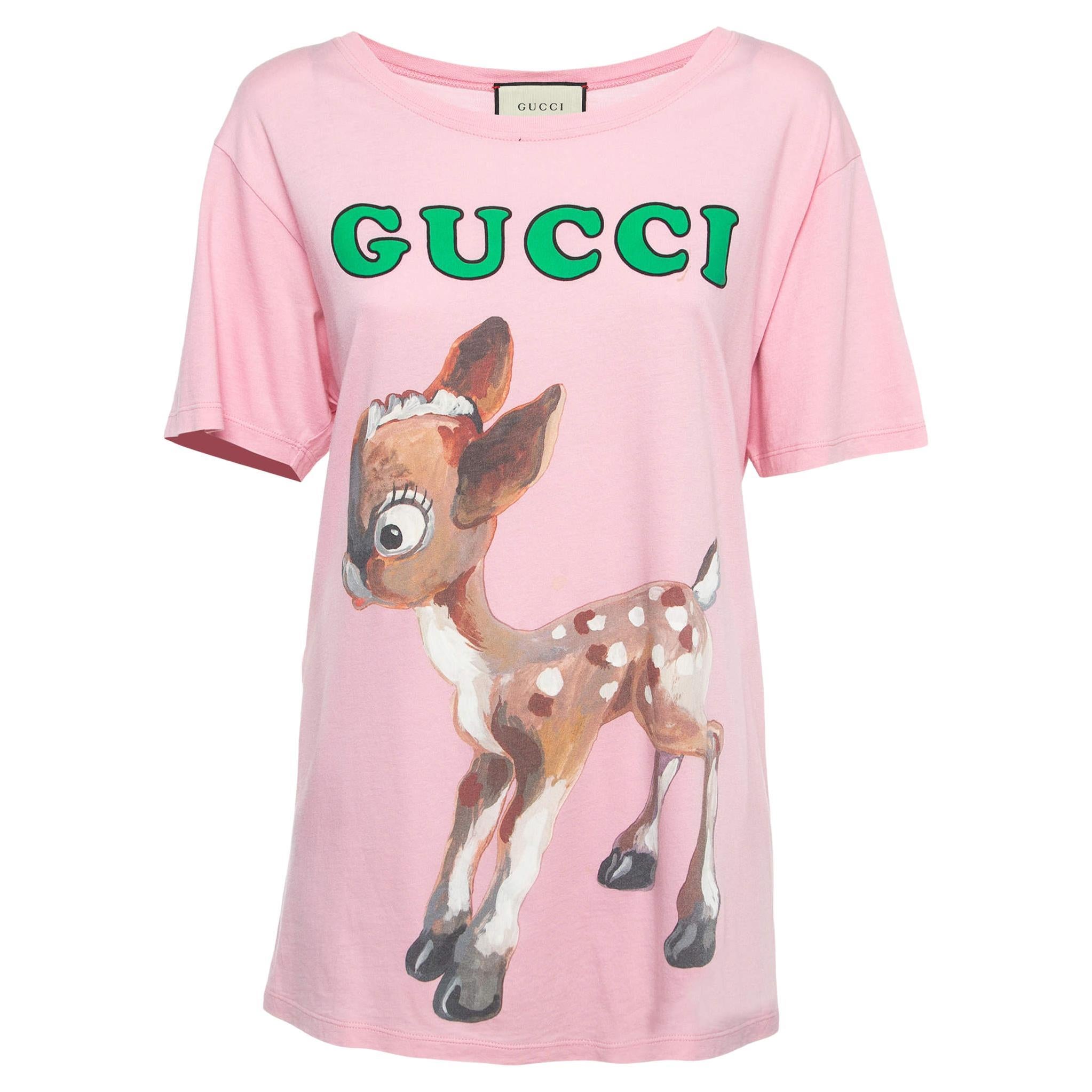 Gucci Pink Logo Deer Print Cotton Half Sleeve T-Shirt S