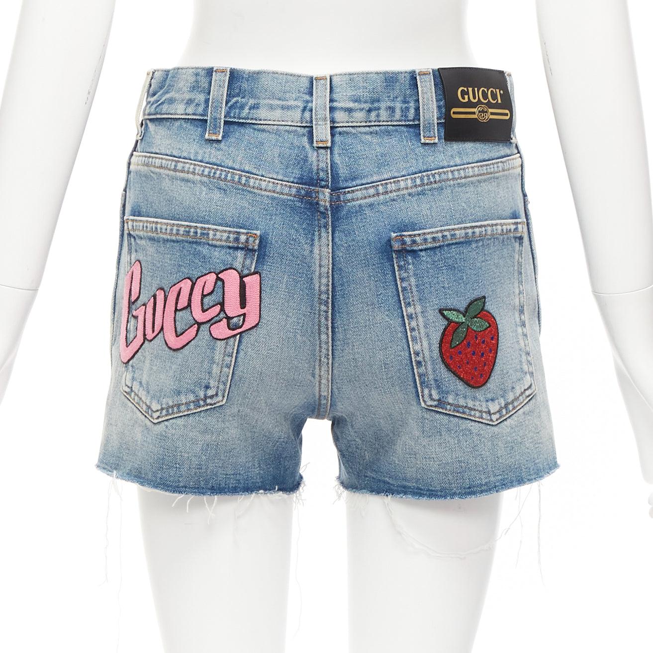 GUCCI pink logo graffiti red strawberry patch blue denim cut off shorts 22