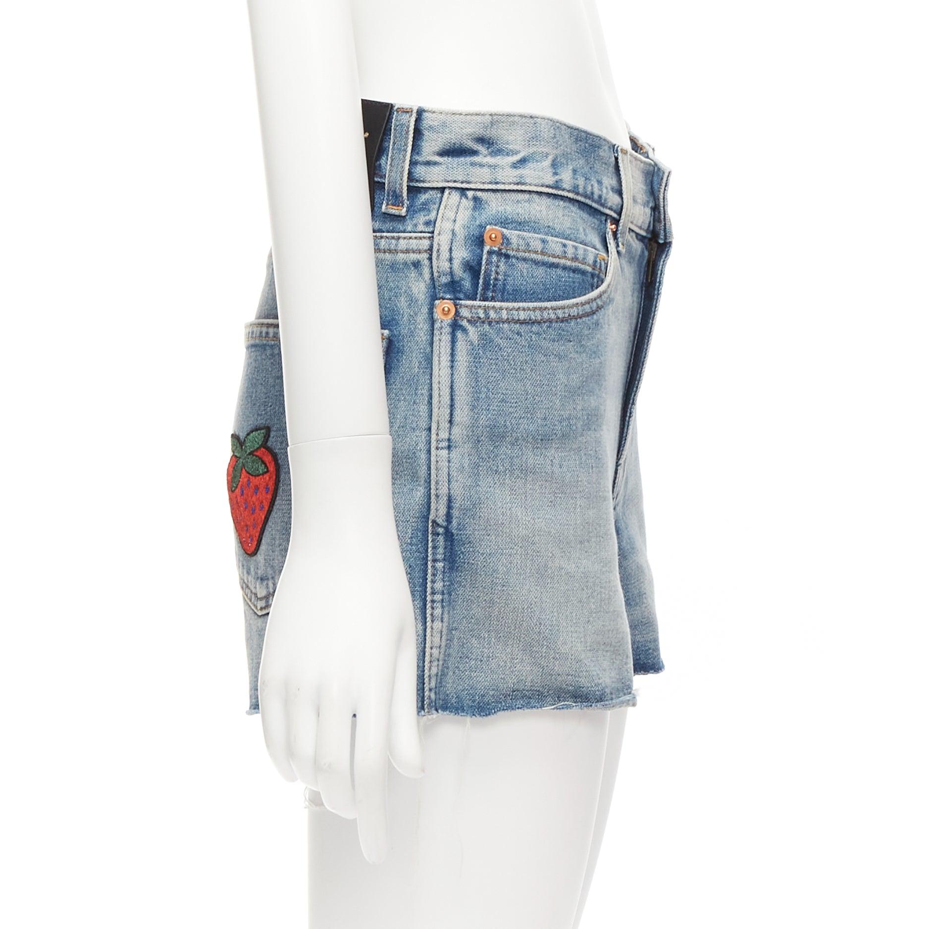 Women's GUCCI pink logo graffiti red strawberry patch blue denim cut off shorts 22