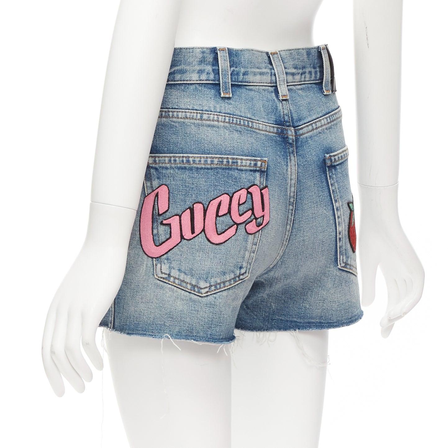 GUCCI pink logo graffiti red strawberry patch blue denim cut off shorts 22