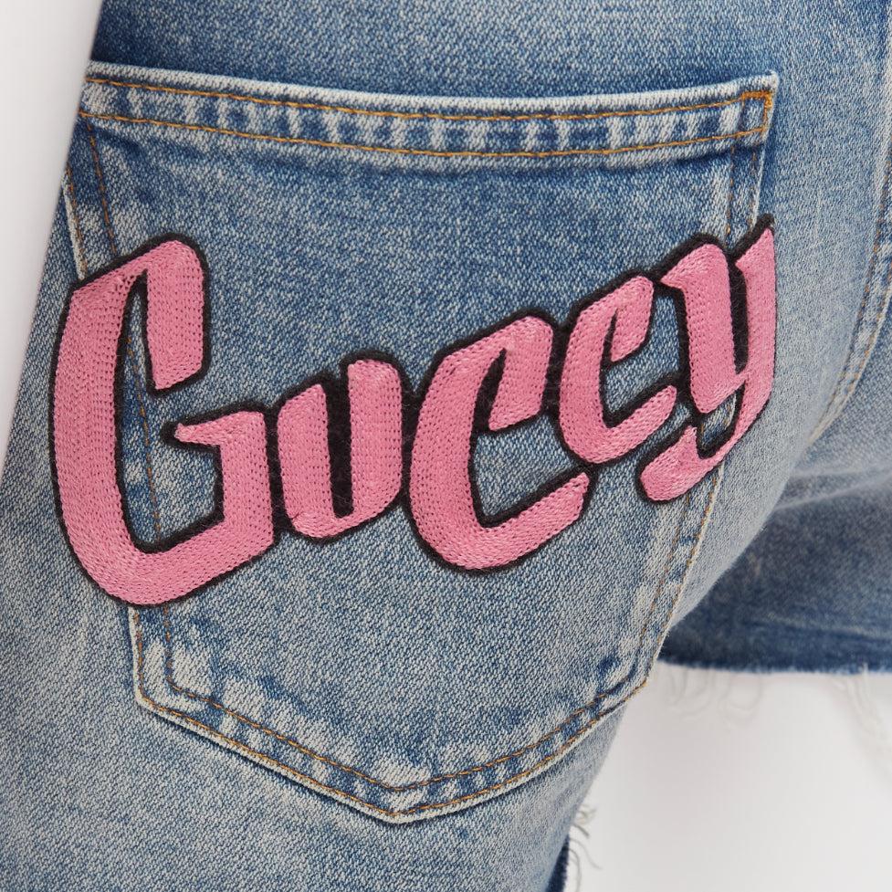 GUCCI pink logo graffiti red strawberry patch blue denim cut off shorts 22