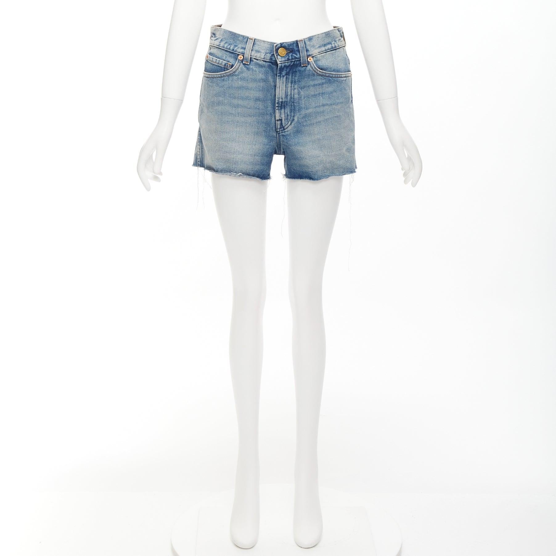 GUCCI pink logo graffiti red strawberry patch blue denim cut off shorts 22