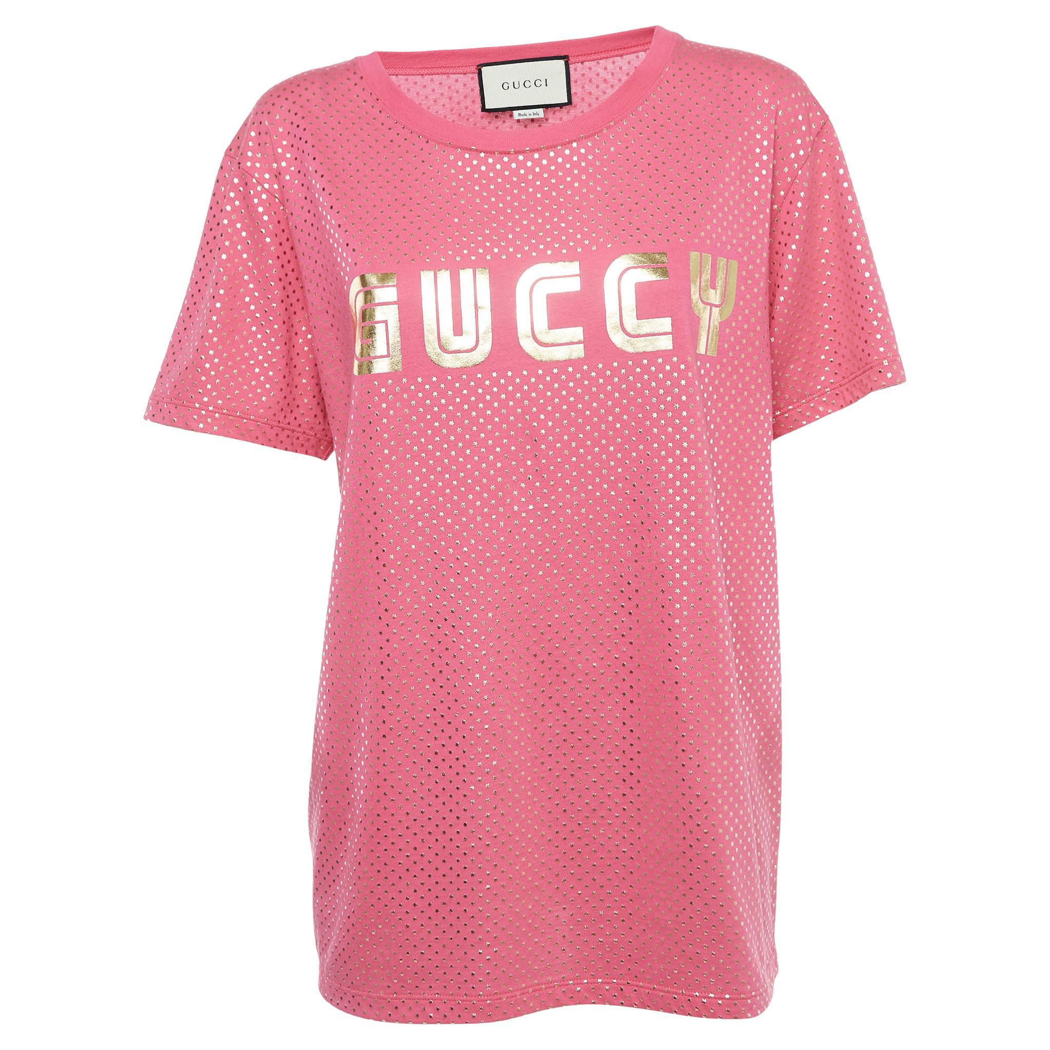 Gucci Rosa Logo bedrucktes T-Shirt aus Baumwolle in Übergröße S im Angebot