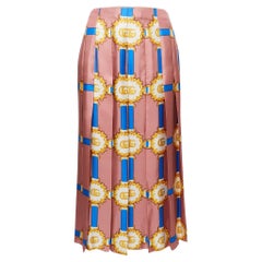 Gucci Pink Marmont GG Doubloon Harness Print Silk Pleated Skirt M