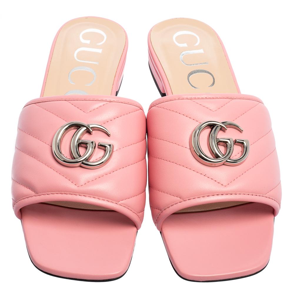 Women's Gucci Pink Matelassé Leather GG Marmont Flat Slide Sandals Size 38