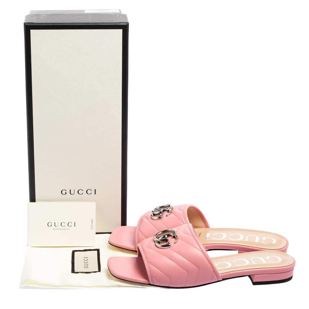 Gucci Pink Matelassé Leather GG Marmont Flat Slide Sandals Size 38 1