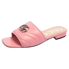 Gucci Pink Matelassé Leather GG Marmont Flat Slide Sandals Size 38