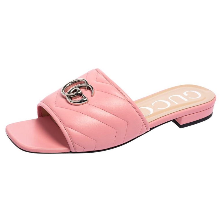 Gucci Pink Matelassé Leather GG Marmont Flat Slide Sandals Size 38 1stDibs | pink gucci slides, gucci pink slides, gucci slides