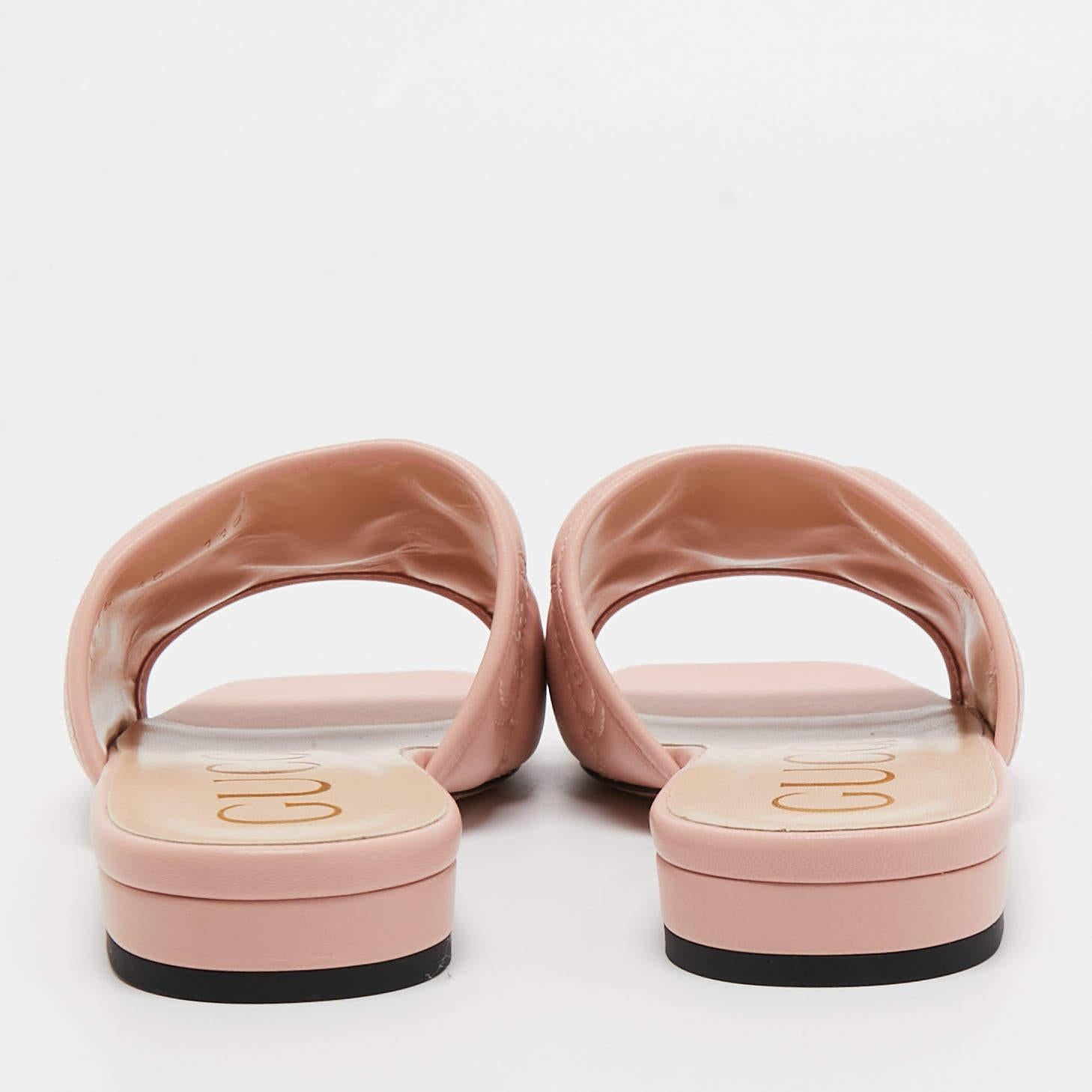 Beige Gucci Pink Matelassé Leather GG Marmont Slide Sandals Size 40