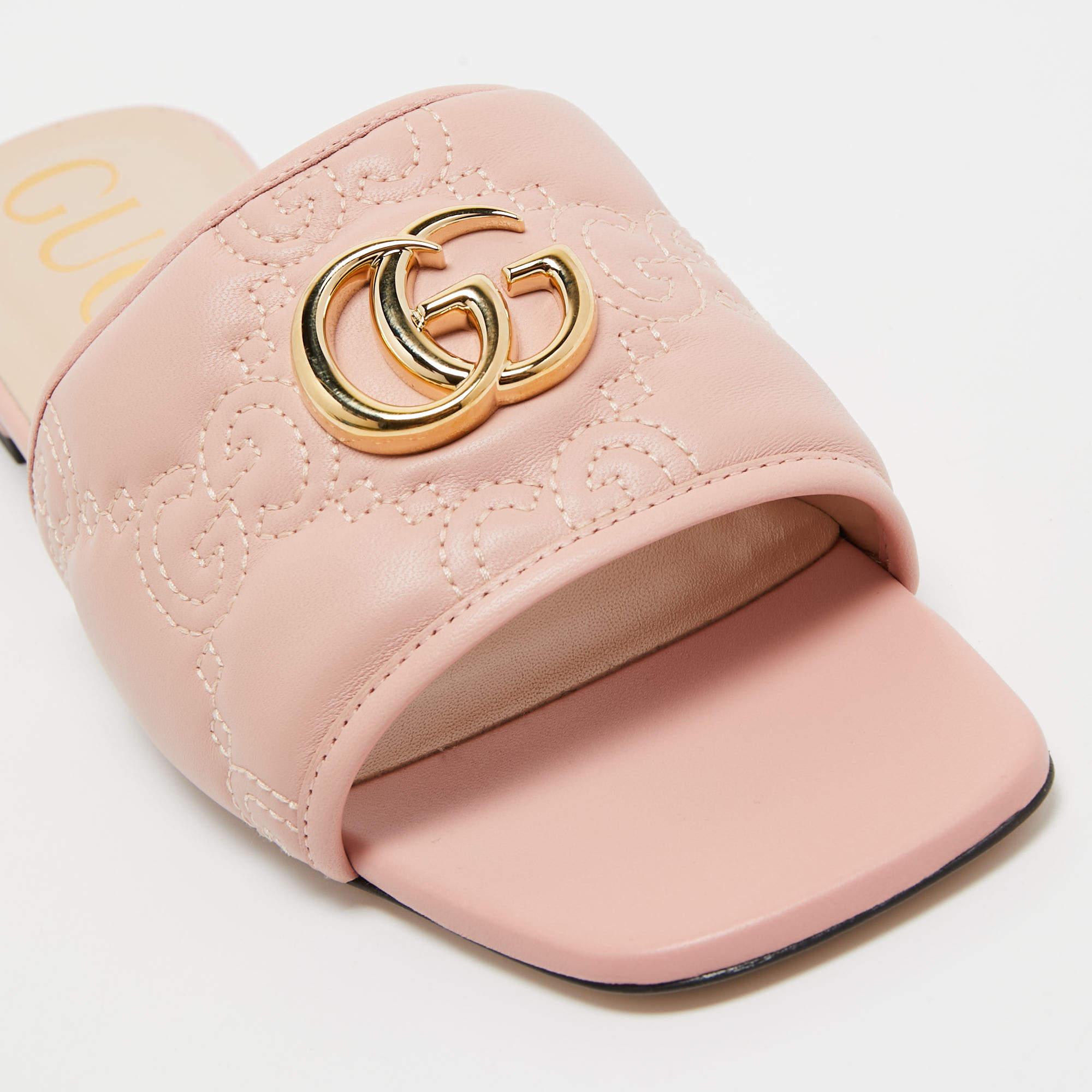 Women's Gucci Pink Matelassé Leather GG Marmont Slide Sandals Size 40