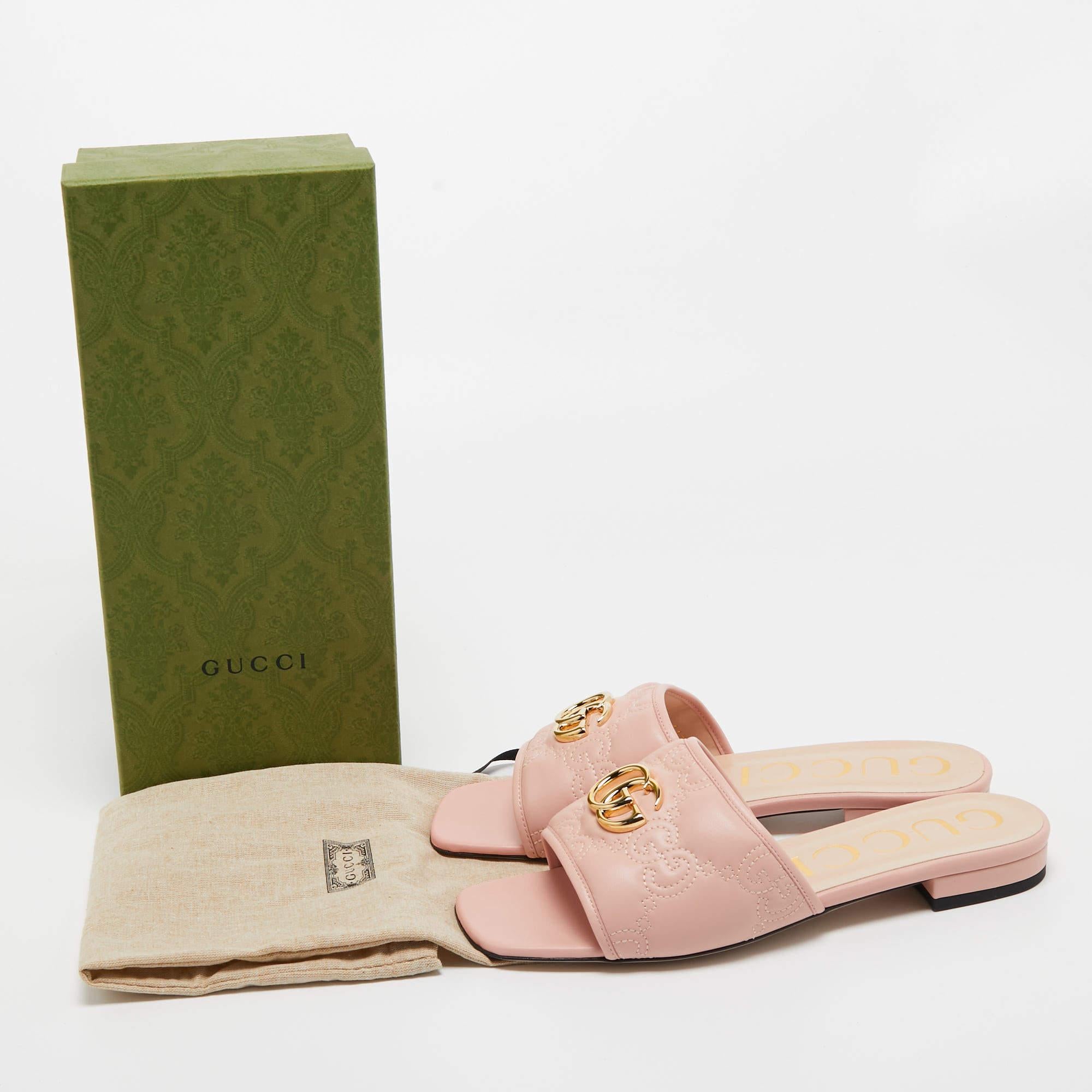Gucci Pink Matelassé Leather GG Marmont Slide Sandals Size 40 5