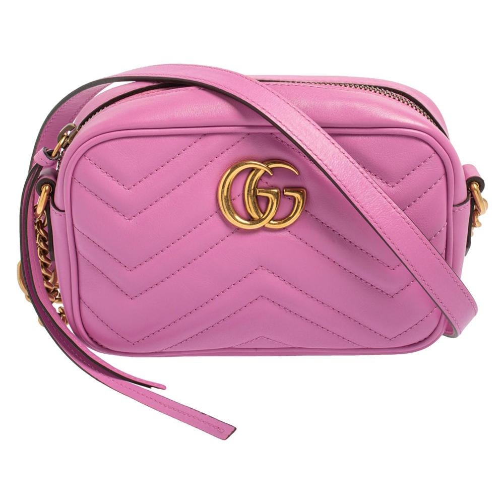Gucci Pink Matelassé Leather Mini GG Marmont Crossbody Bag