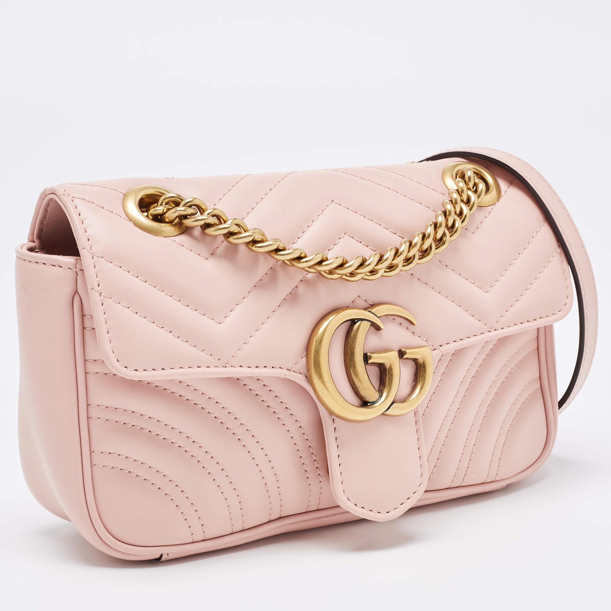 Gucci Pink Matelassé Leather Mini GG Marmont Shoulder Bag In Excellent Condition For Sale In Dubai, Al Qouz 2