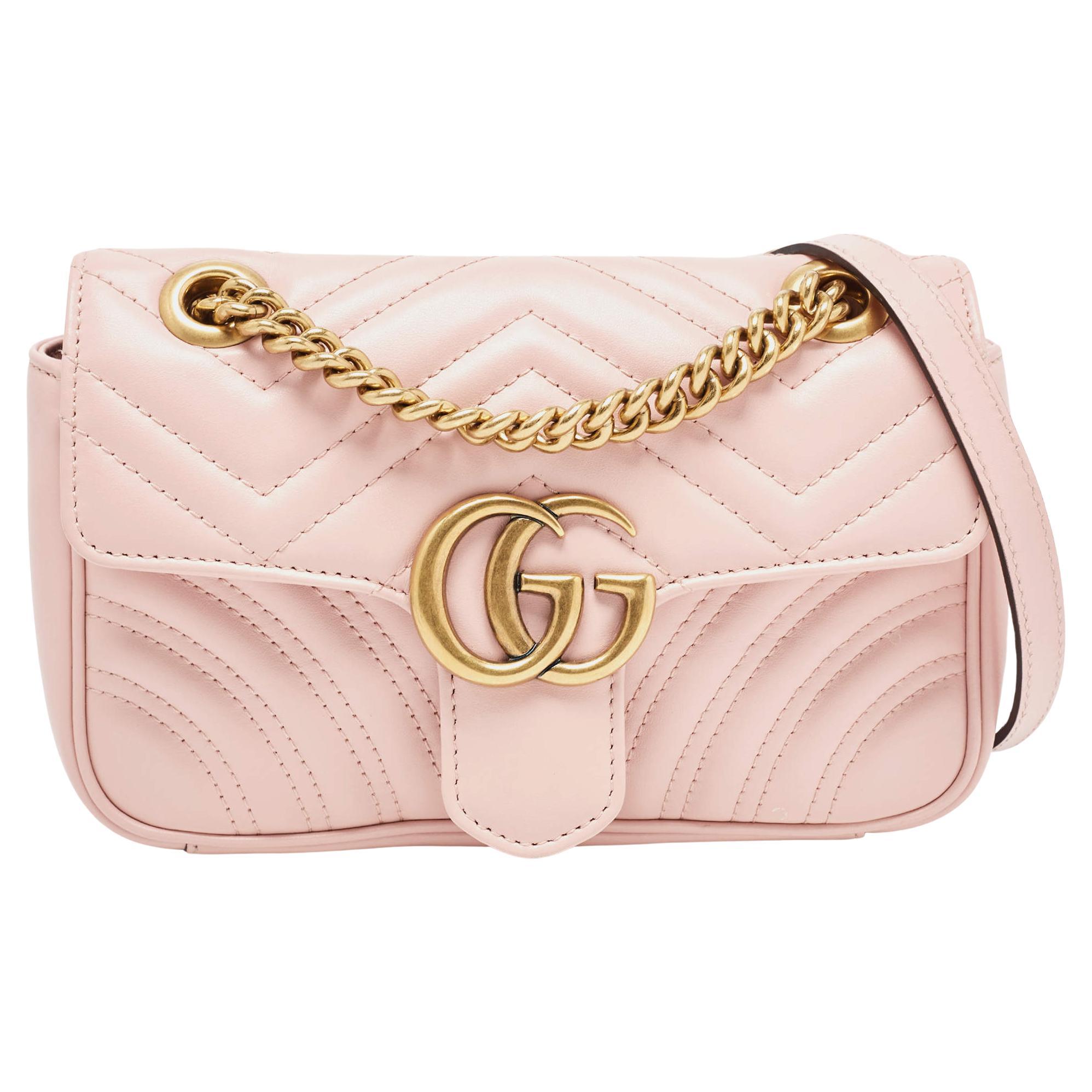 Gucci Pink Matelassé Leather Mini GG Marmont Shoulder Bag For Sale