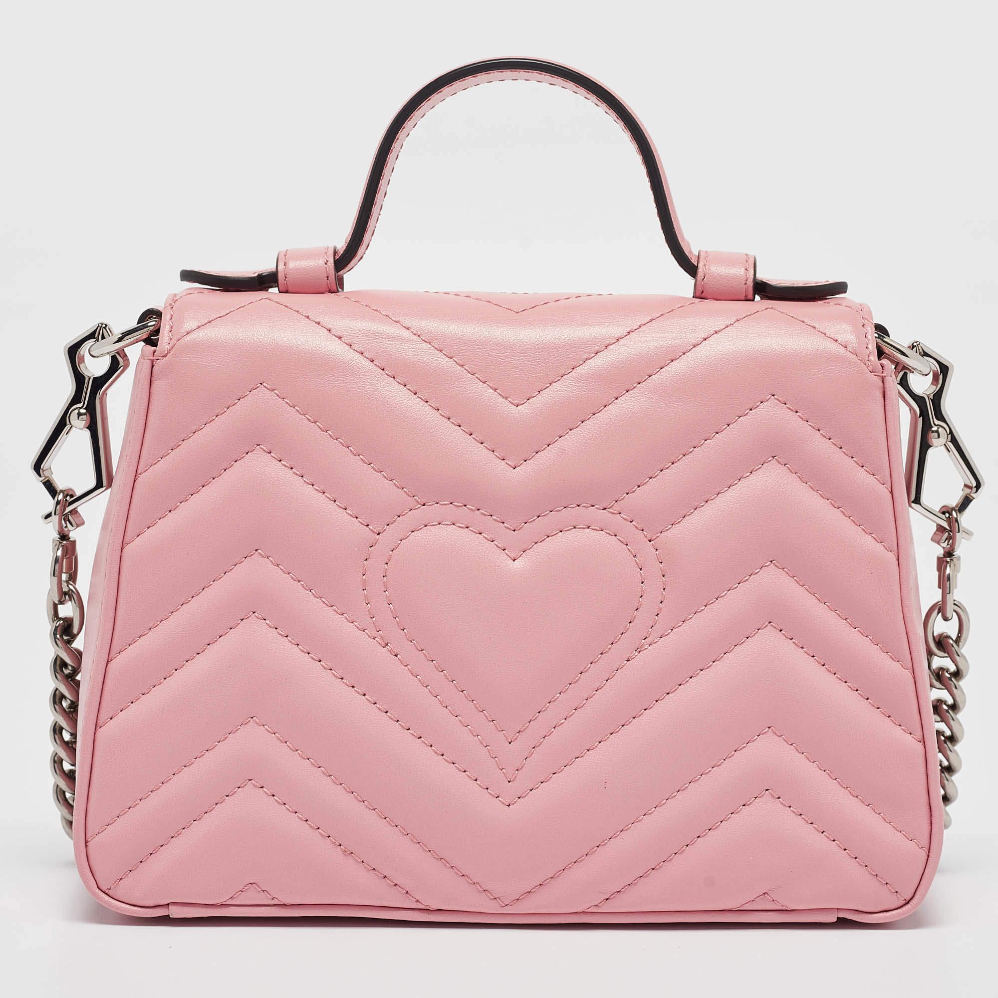 Gucci Pink matelassé Leather Mini GG Marmont Top Handle Bag In Excellent Condition In Dubai, Al Qouz 2