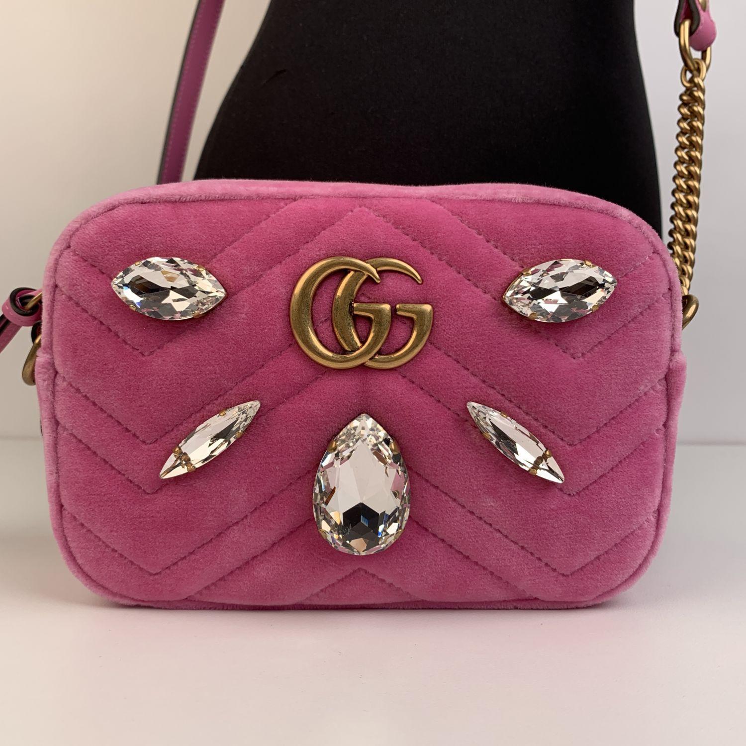 Brown Gucci Pink Matelassè Velvet Crystals Mini GG Marmont Bag
