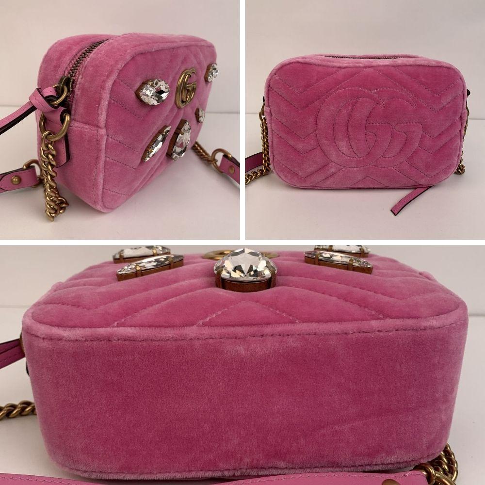 Gucci Pink Matelassè Velvet Crystals Mini GG Marmont Bag In New Condition In Rome, Rome