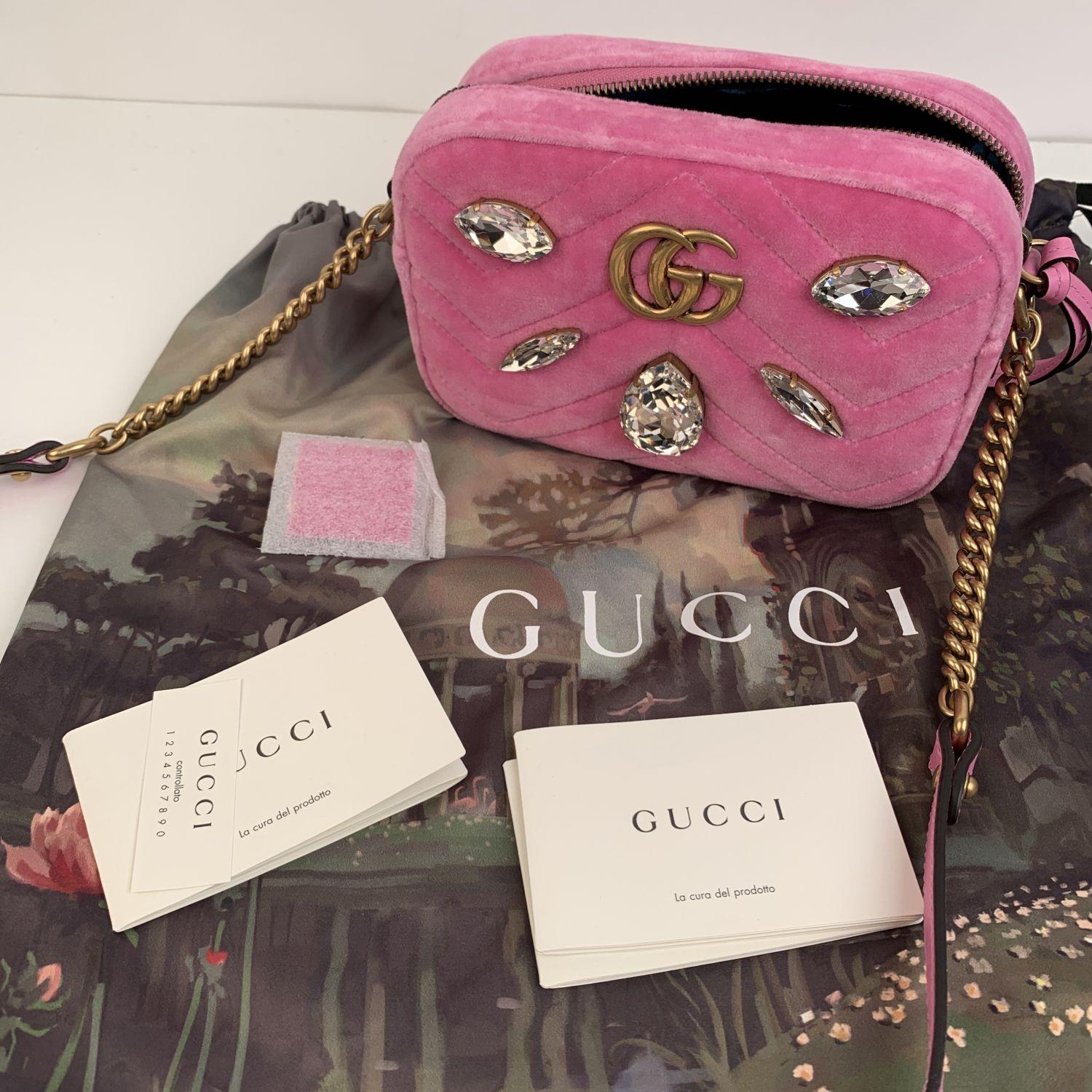 Gucci Pink Matelassè Velvet Crystals Mini GG Marmont Bag 1