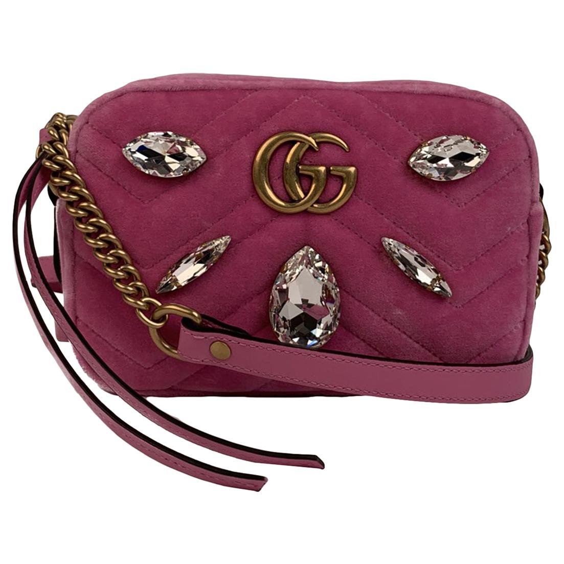 Gucci Pink Matelassè Velvet Crystals Mini GG Marmont Bag