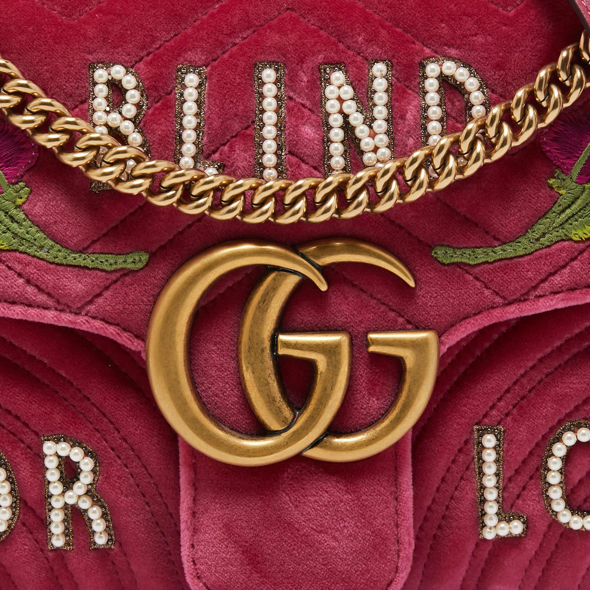 Gucci Pink Matelassé Velvet Medium Embroidered Blind For Love GG Marmont 6