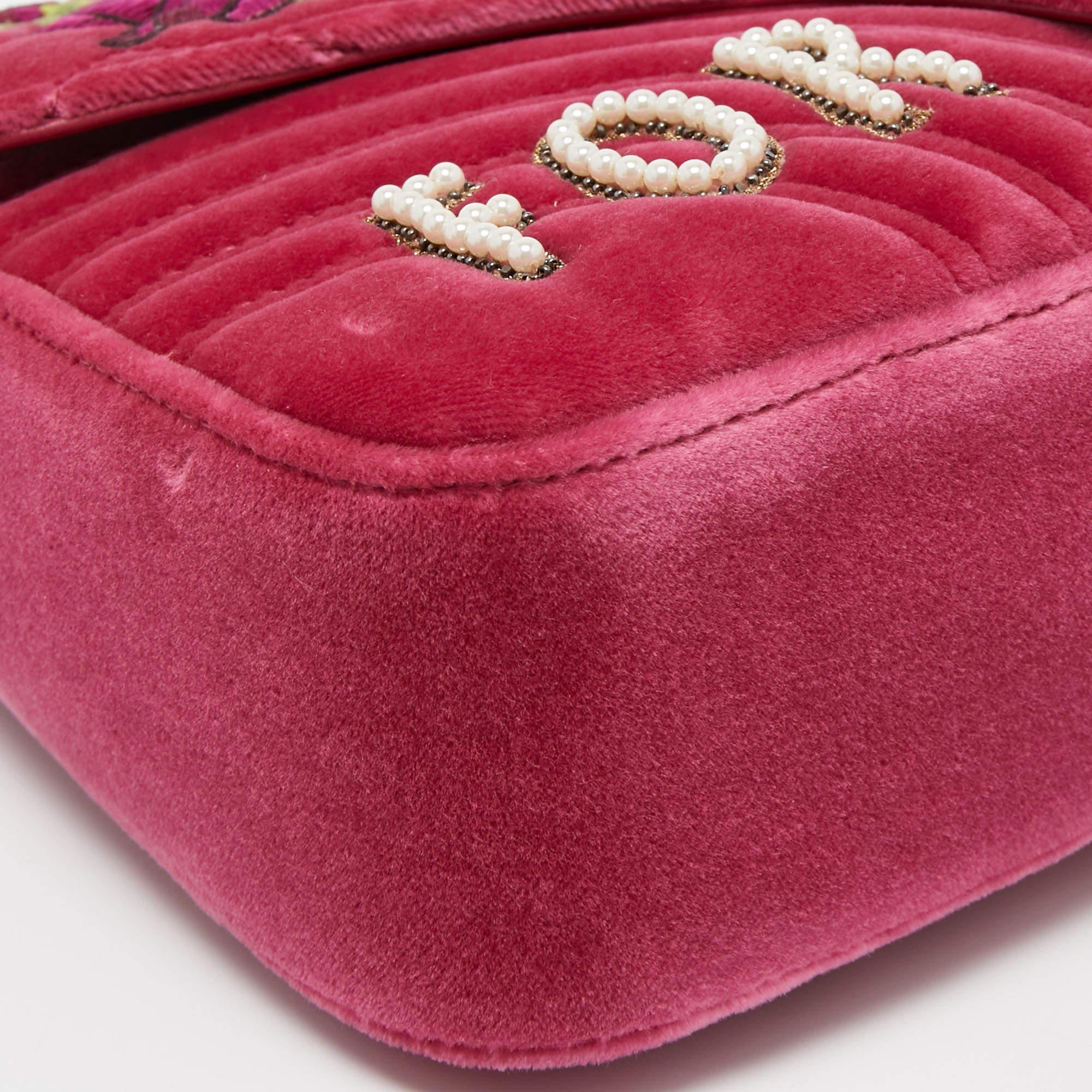 Gucci Pink Matelassé Velvet Medium Embroidered Blind For Love GG Marmont 7