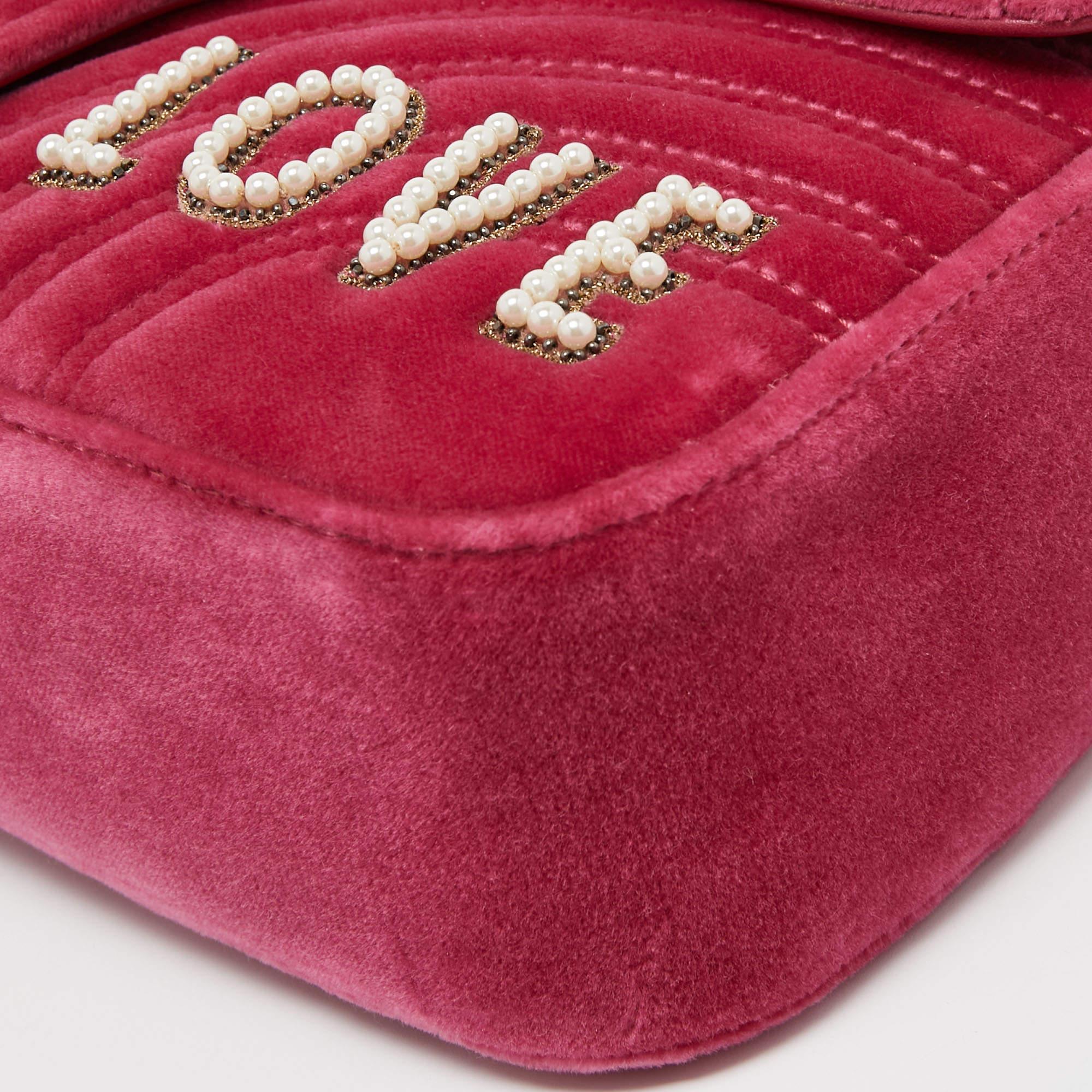 Gucci Pink Matelassé Velvet Medium Embroidered Blind For Love GG Marmont 8