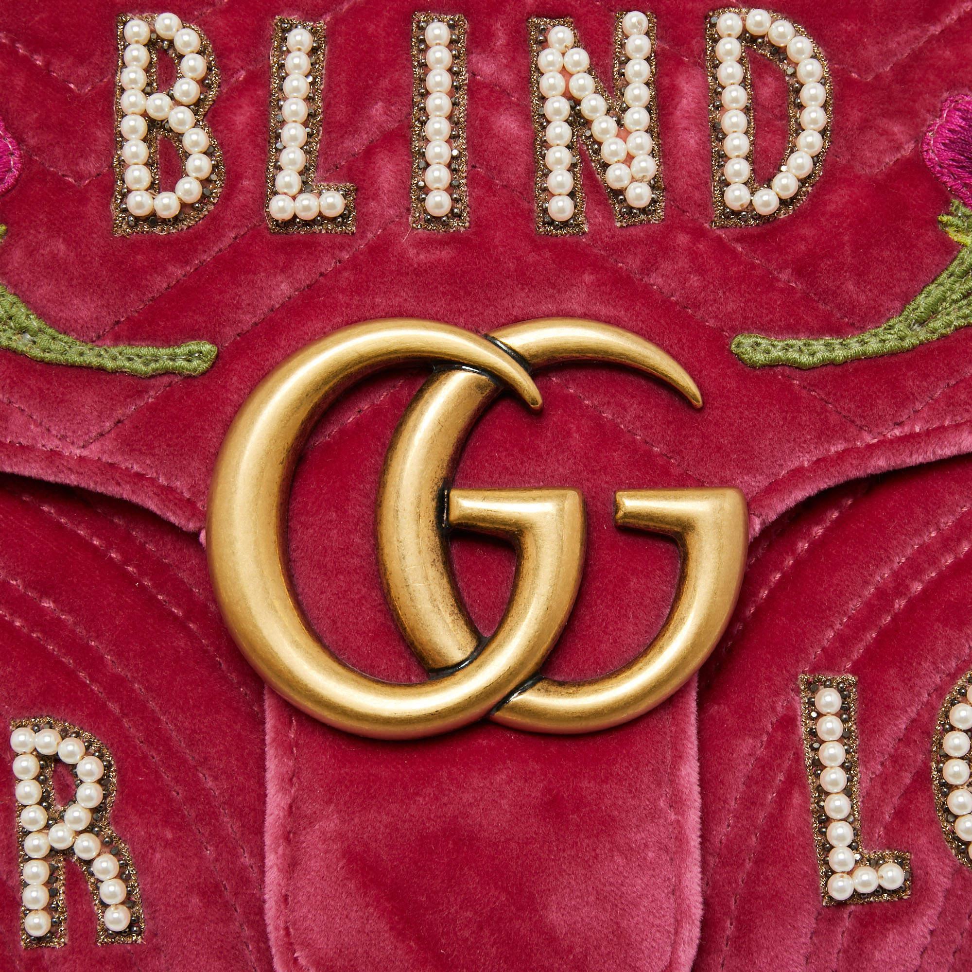 Gucci Pink Matelassé Velvet Medium Embroidered Blind For Love GG Marmont 9