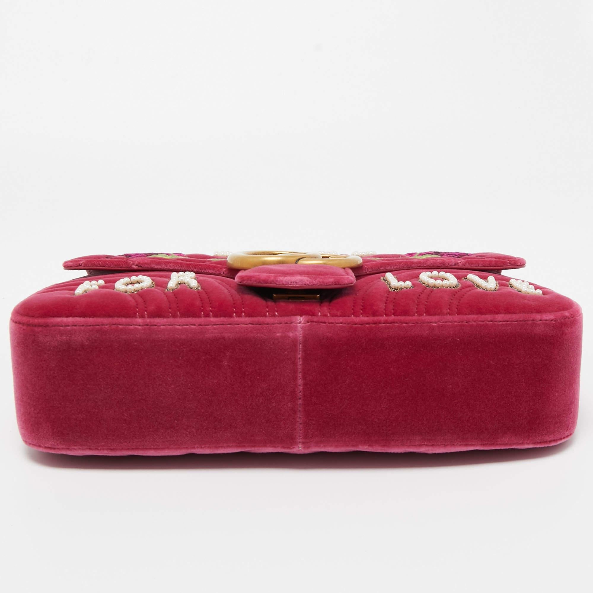 Gucci Pink Matelassé Velvet Medium Embroidered Blind For Love GG Marmont 1