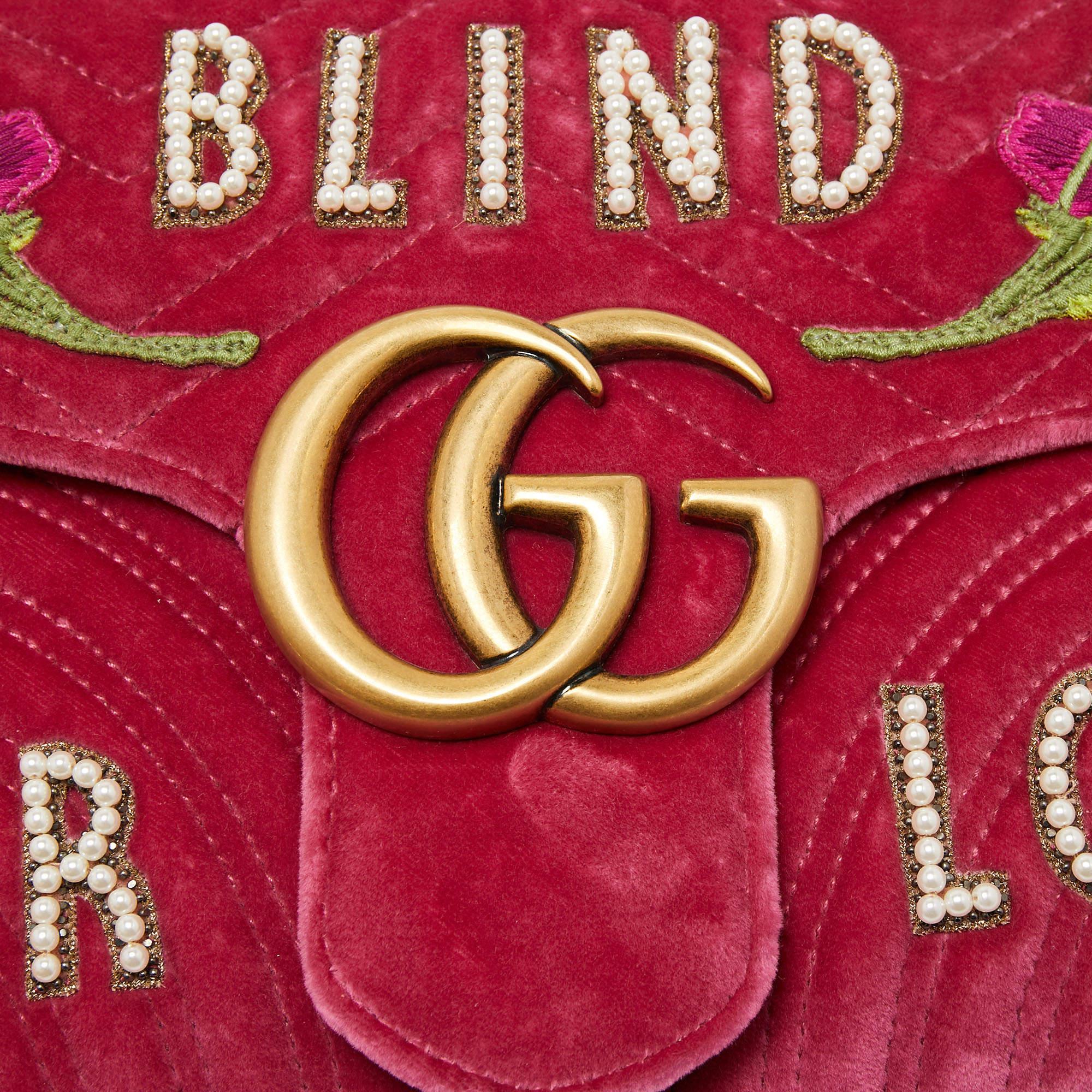 Gucci Pink Matelassé Velvet Medium Embroidered Blind For Love GG Marmont 5