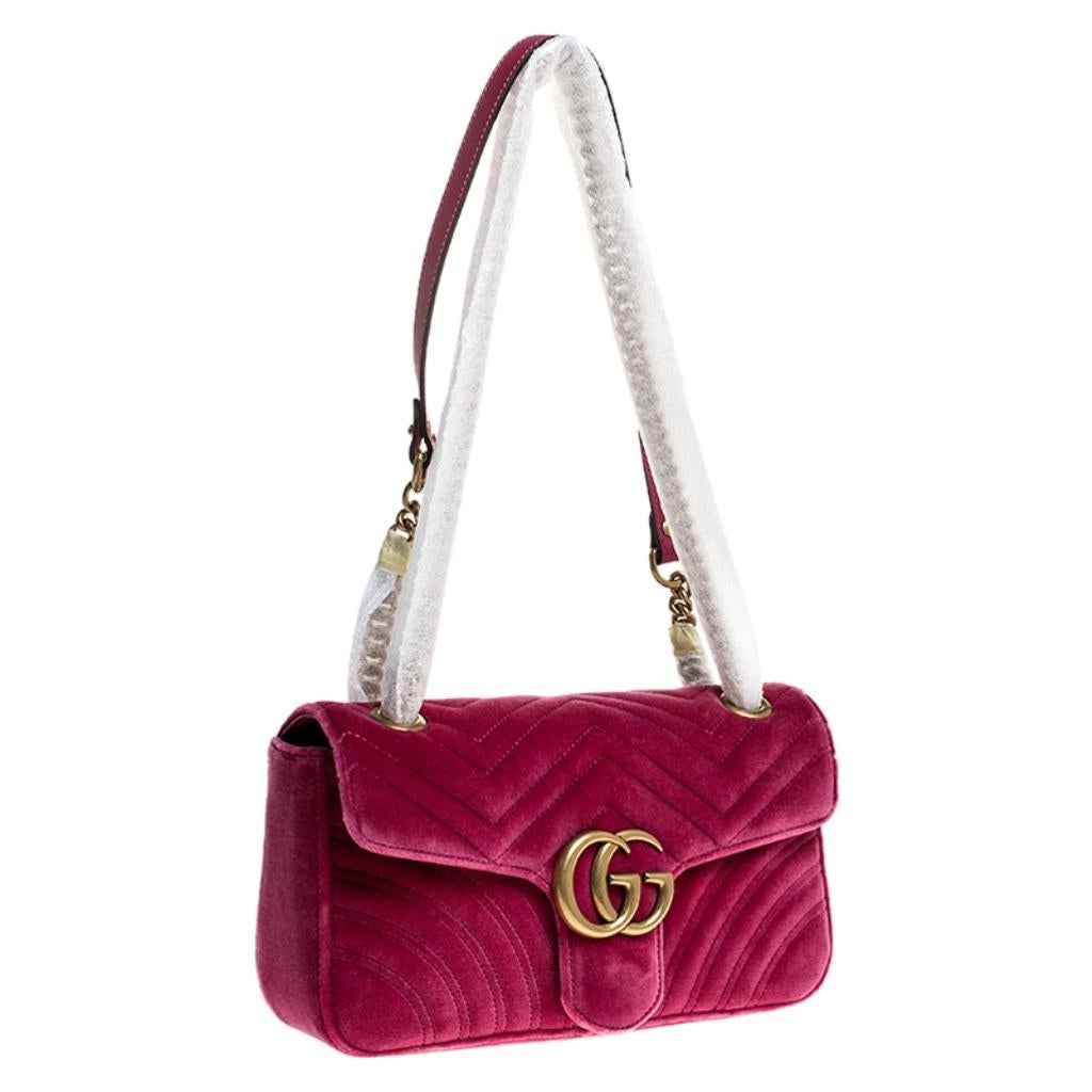 Women's Gucci Pink Matelasse Velvet Small GG Marmont Shoulder Bag