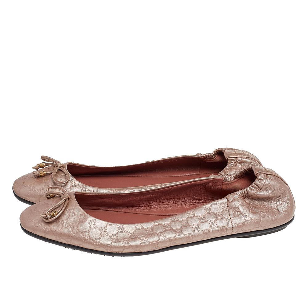 Brown Gucci Pink Micro Guccissima Leather Bow Detail Ballet Flats Size 37.5