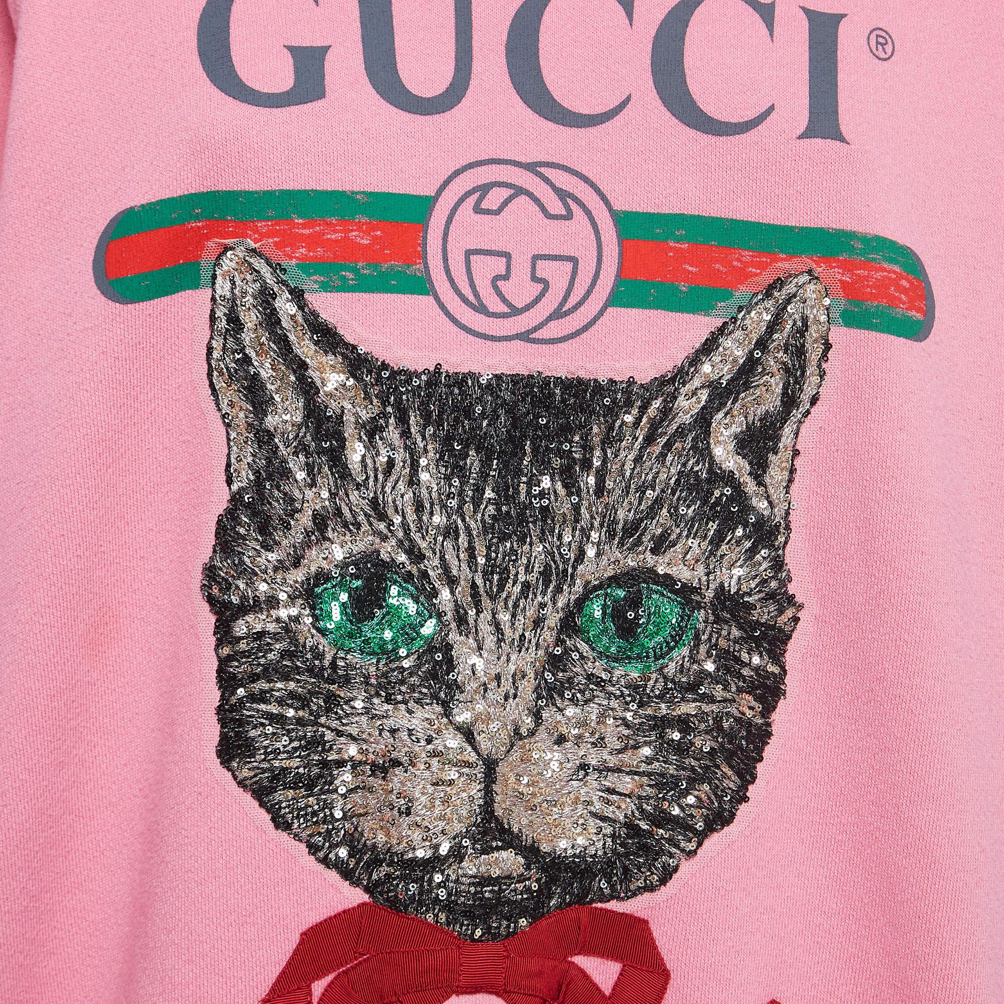 Gucci Pink Mystic Cat Logo Print Cotton Sweatshirt M In Good Condition For Sale In Dubai, Al Qouz 2