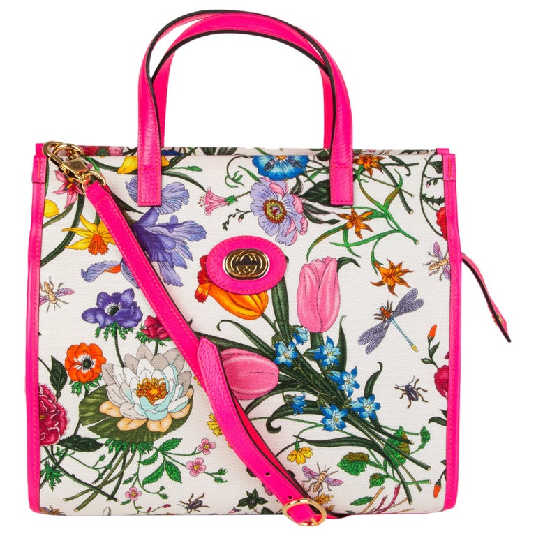GUCCI pink NEON FLORA MEDIUM Tote Bag For Sale at 1stdibs