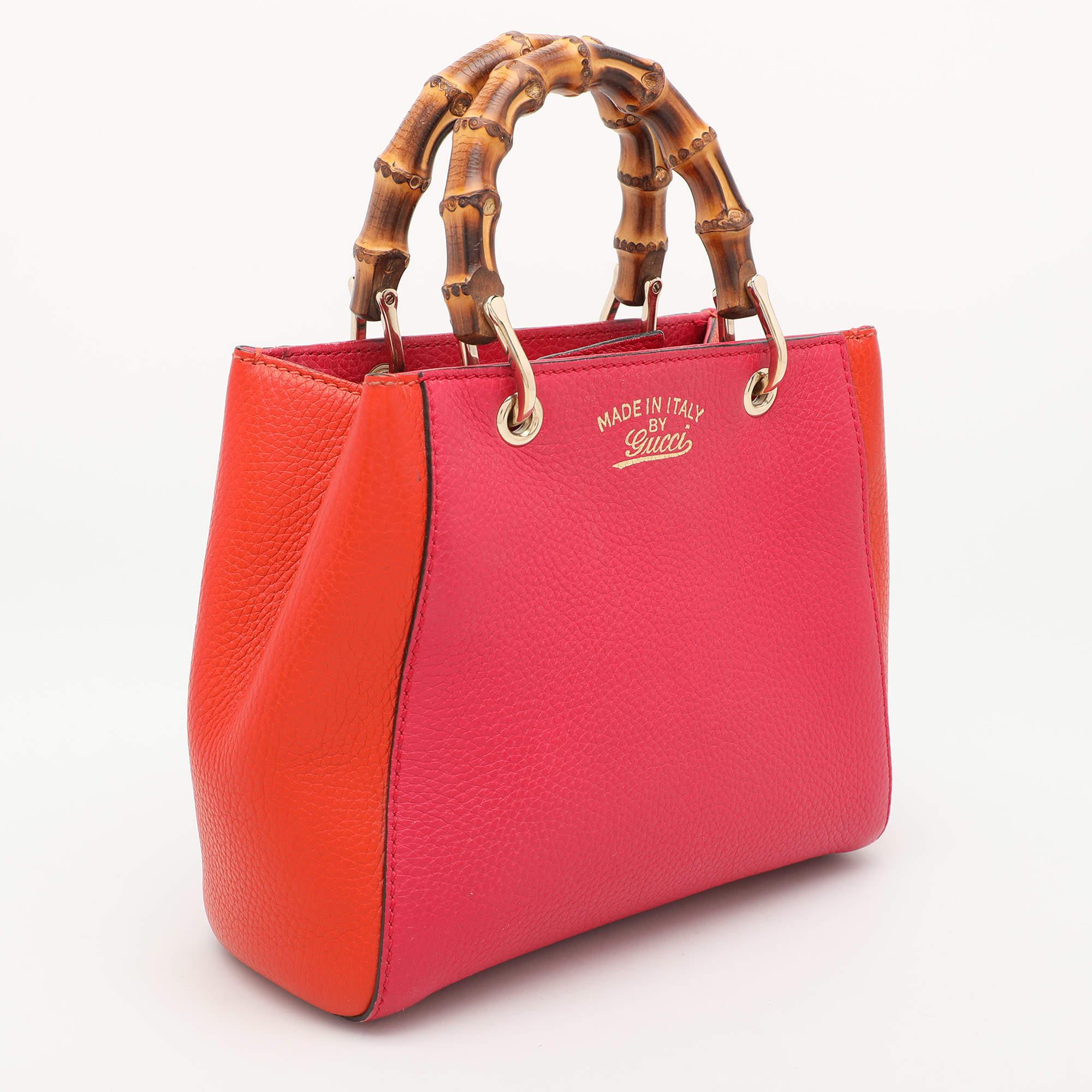 Red Gucci Pink/Orange Leather Mini Bamboo Tote