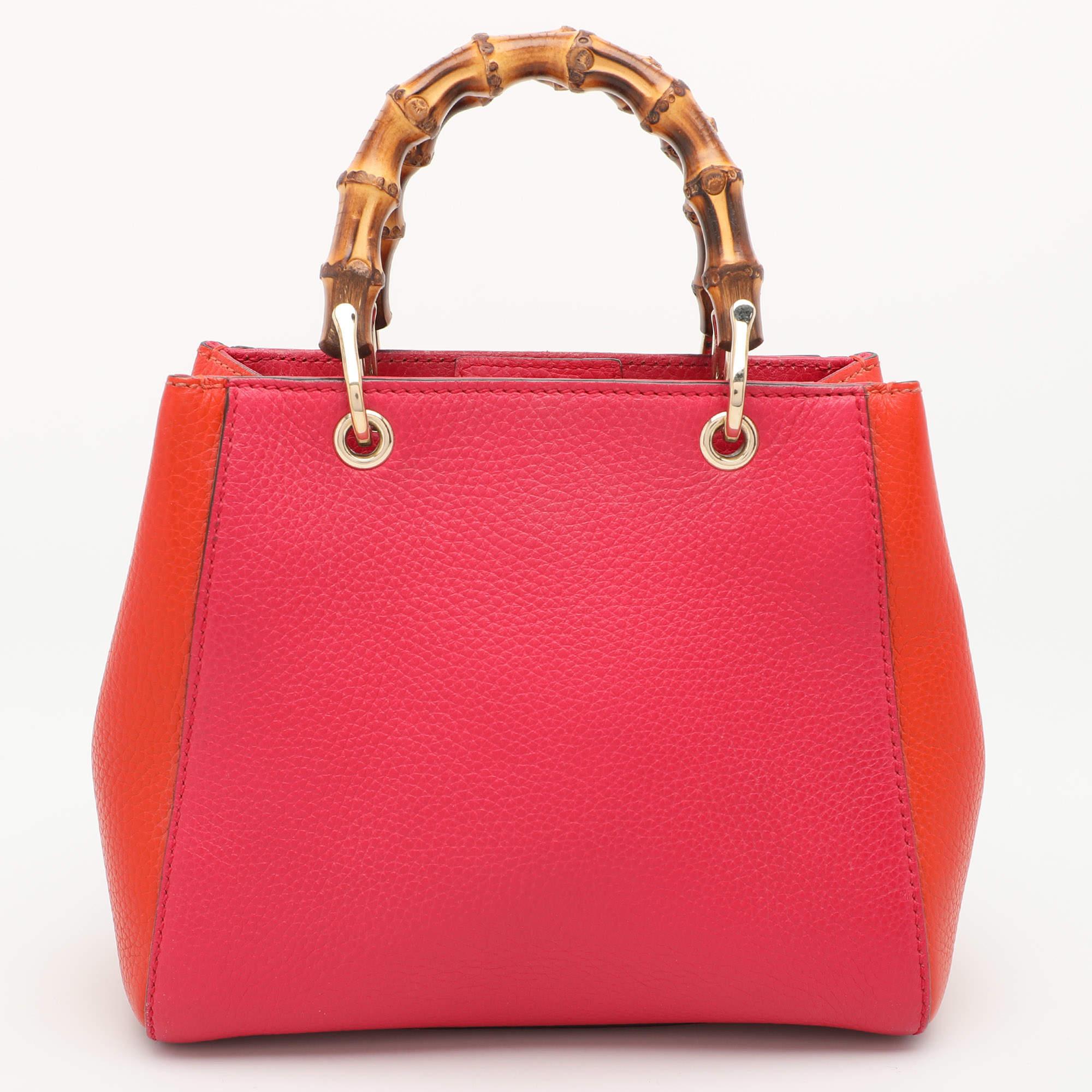 Gucci Pink/Orange Leather Mini Bamboo Tote In Good Condition In Dubai, Al Qouz 2
