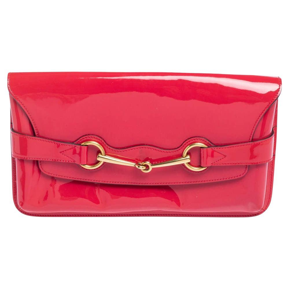 Gucci Pink Patent Leather Bright Bit Clutch For Sale