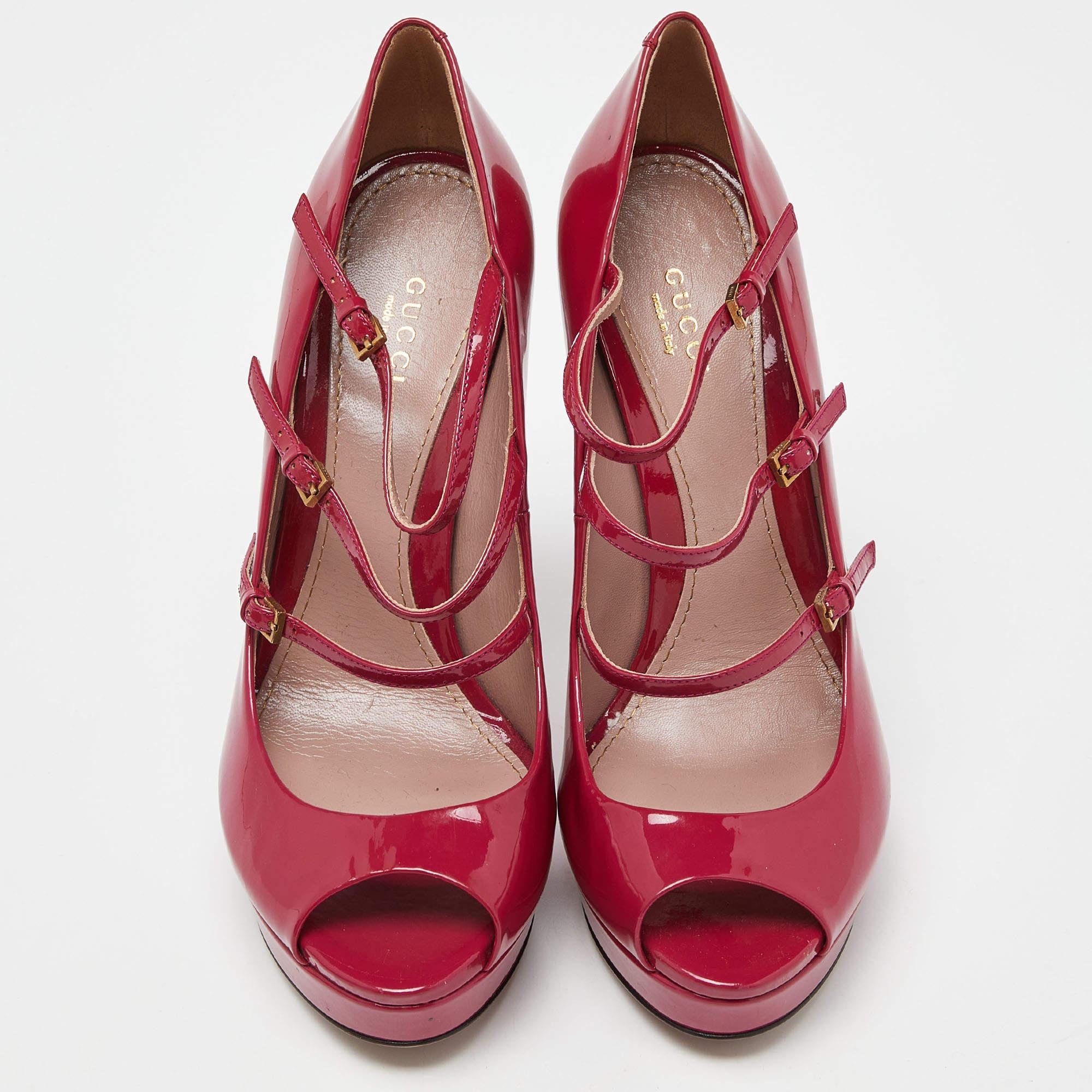 Brown Gucci Pink Patent Leather Buckle Strappy Peep Toe Platform Pumps Size 40 For Sale