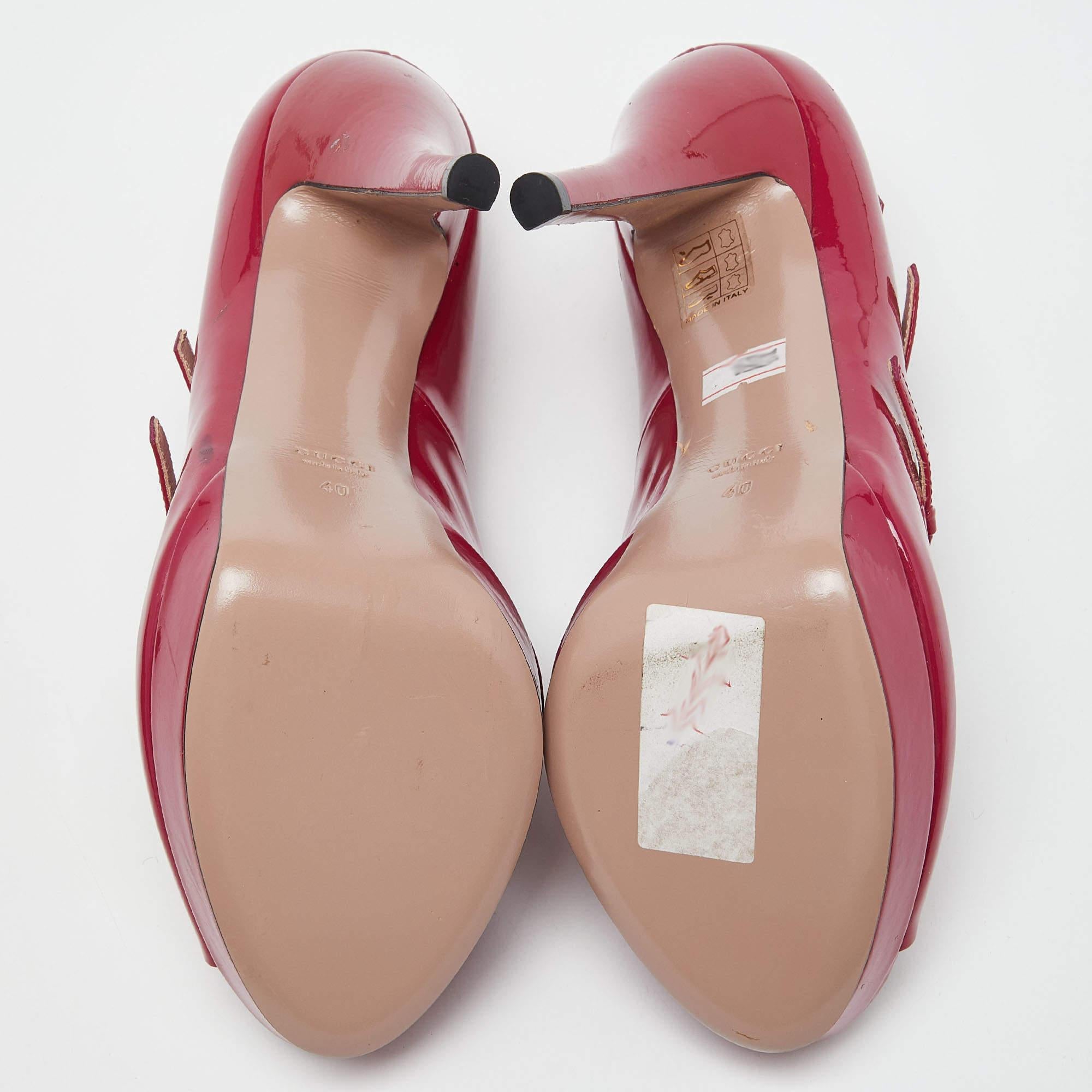 Gucci Pink Patent Leather Buckle Strappy Peep Toe Platform Pumps Size 40 For Sale 1