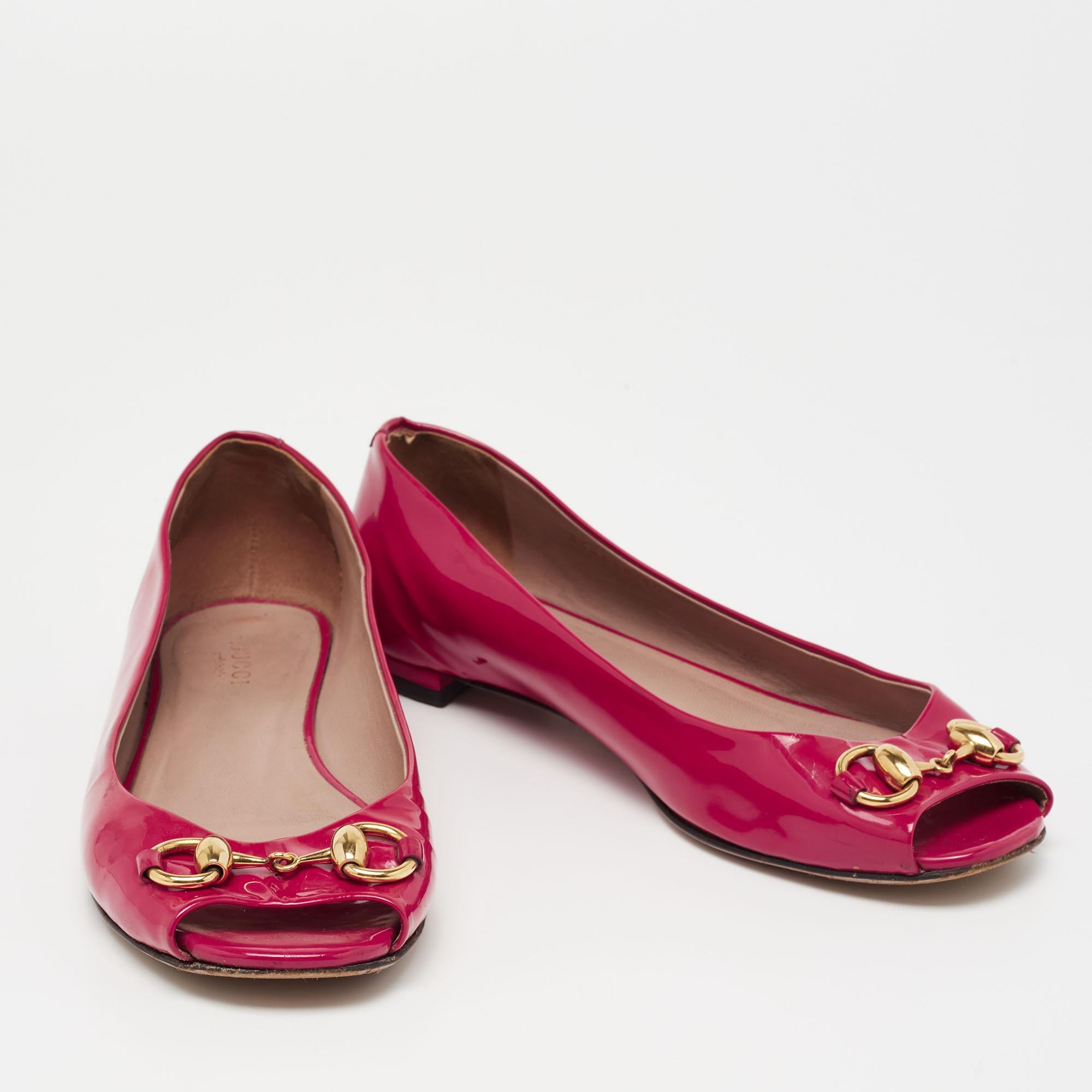 Gucci Pink Patent Leather Horsebit Open Toe Ballet Flats Size 36 In Good Condition In Dubai, Al Qouz 2