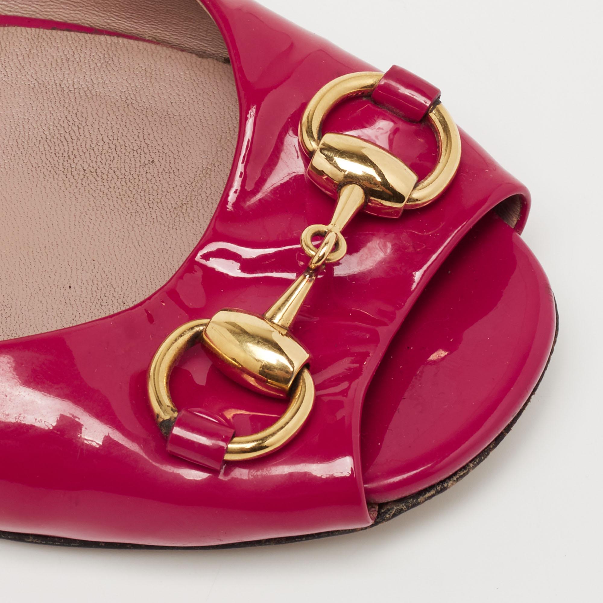 Women's Gucci Pink Patent Leather Horsebit Open Toe Ballet Flats Size 36